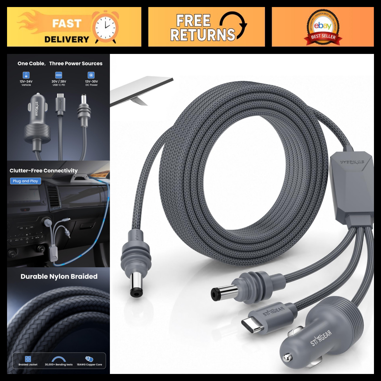 3-in-1 Mini Car Adapter for Starlink, 10FT/3M Cable, Fast Charging & Durable