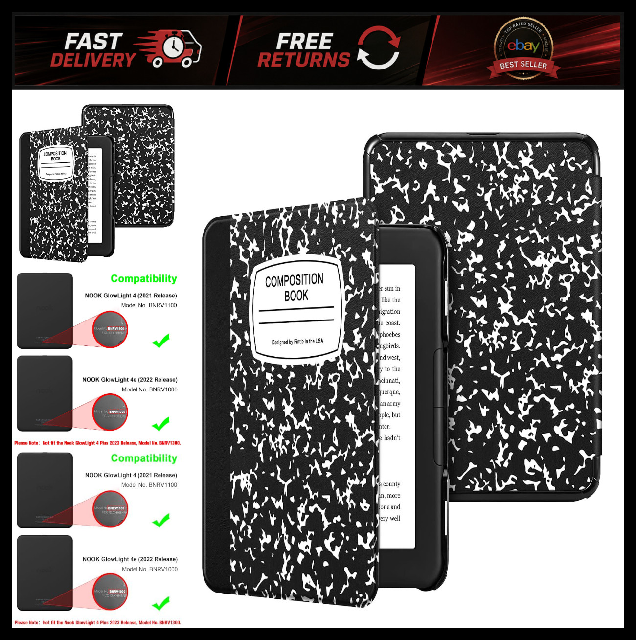Fintie Slimshell Case for 6" Nook GlowLight 4/4e eReader,Composition Book