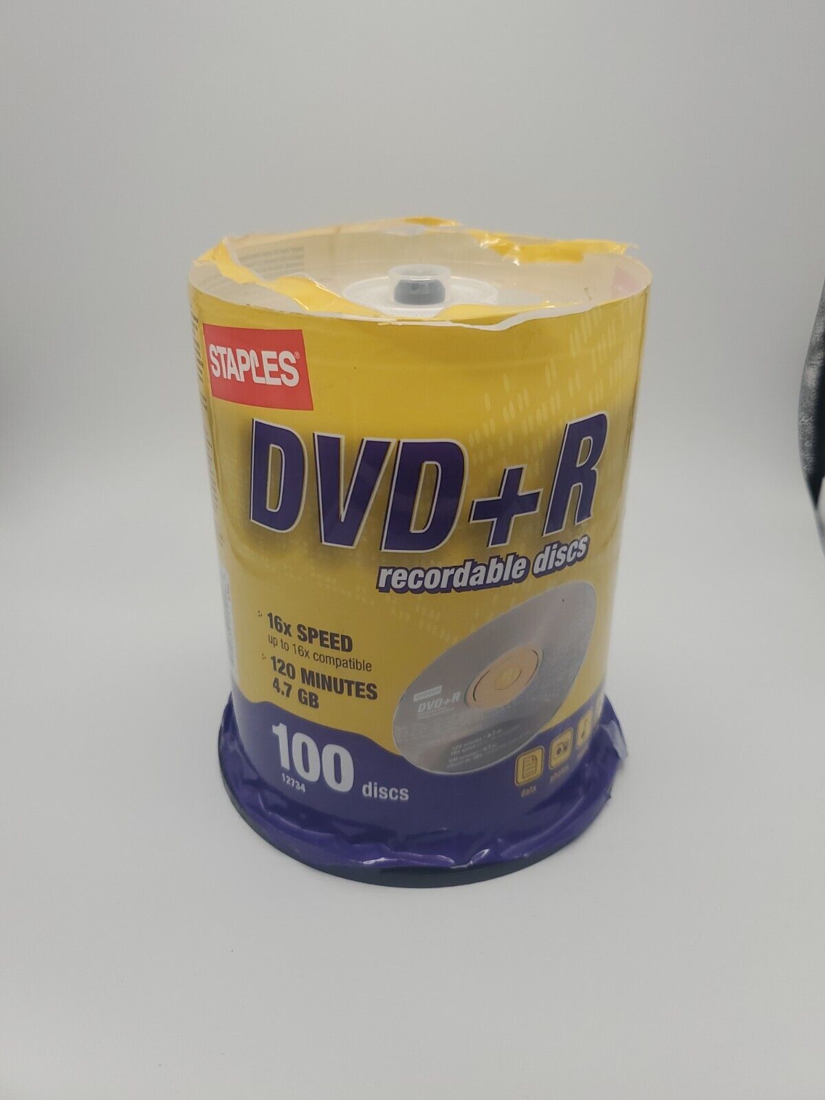 1 Staples 100 ct pc Spindle Pack 4.7GB DVD+R 120min16X Dammaged Seal
