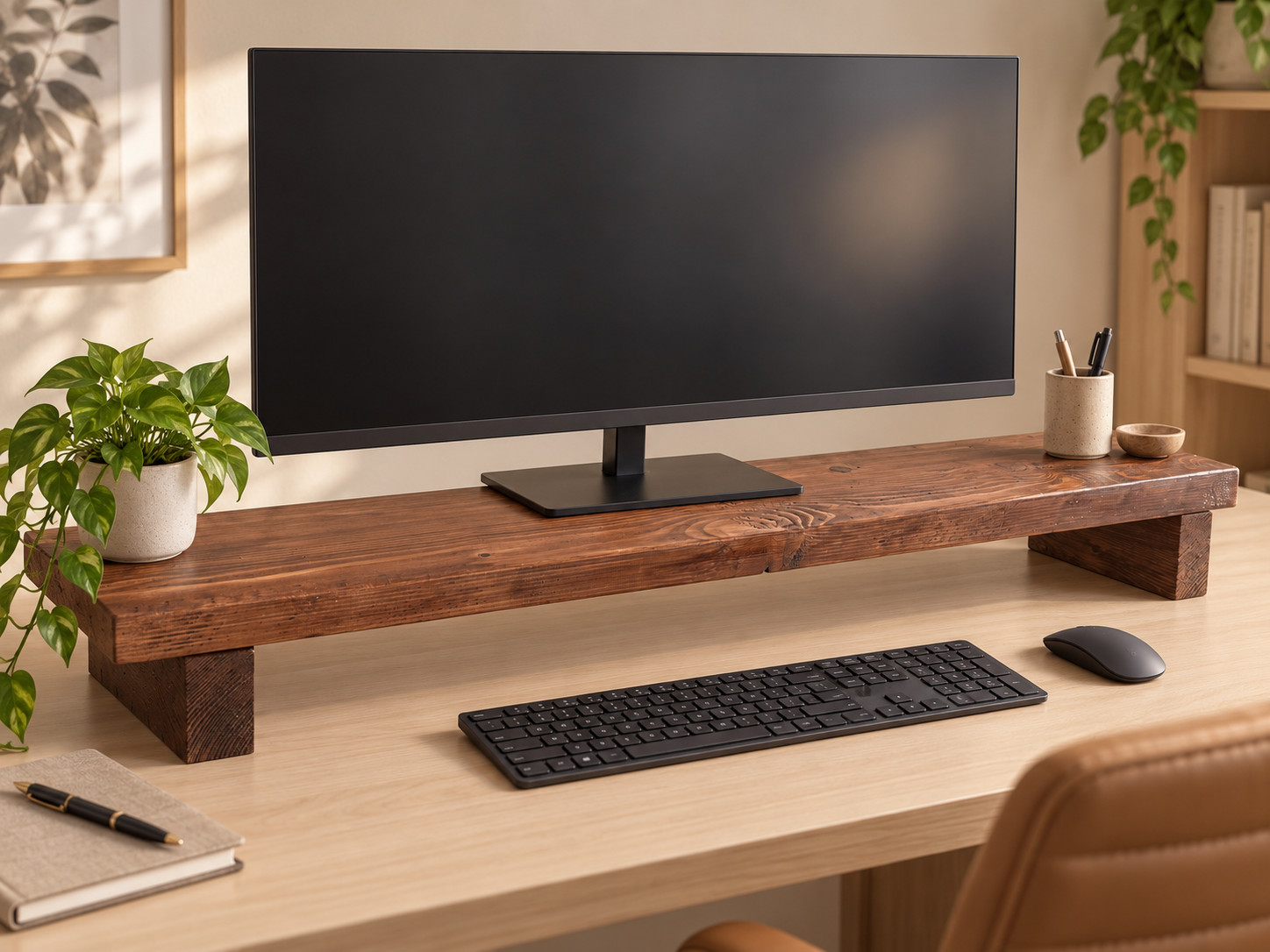 Monitor Stand, Solid Wood TV Stand, Computer Monitor Riser, Desk Organizer, Rust