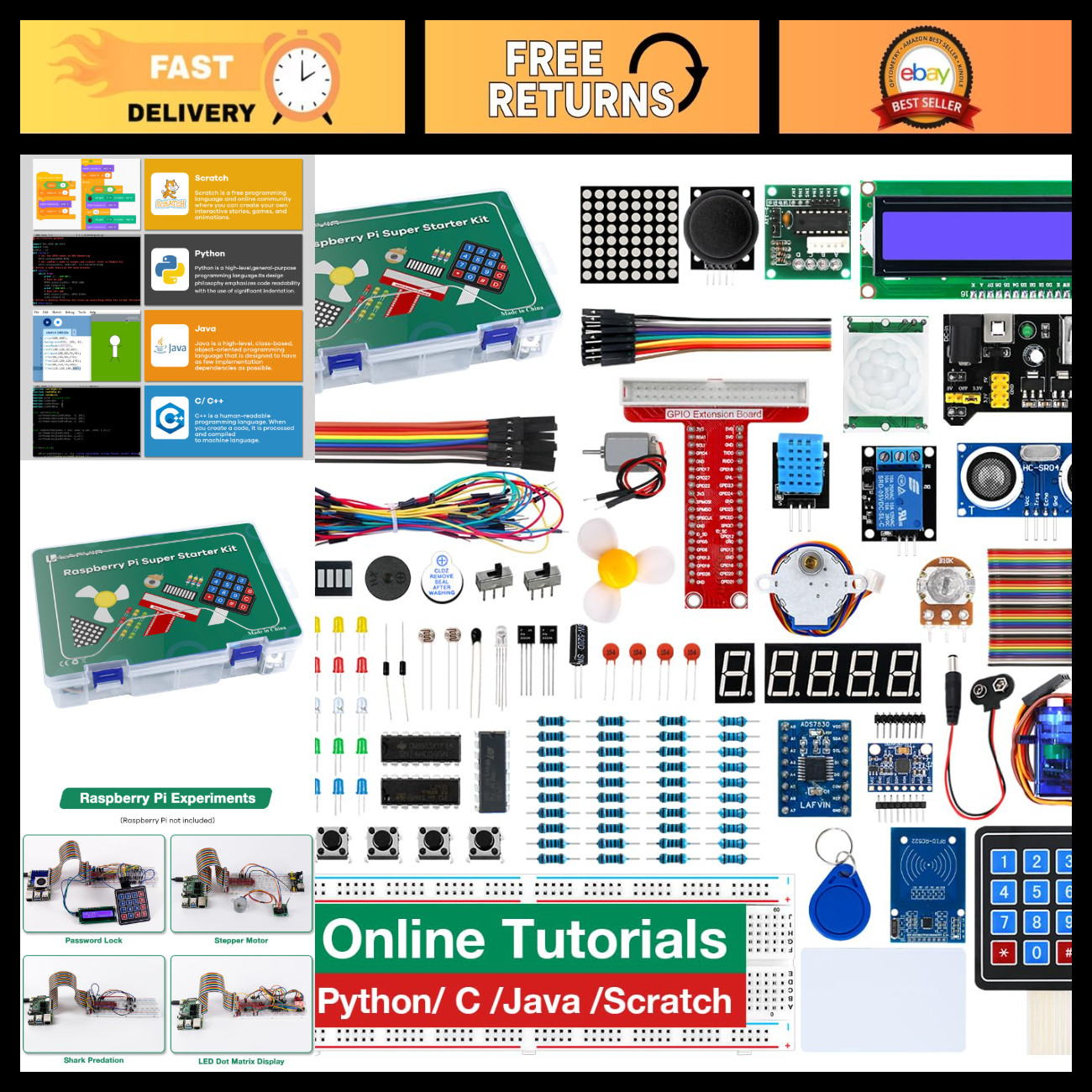 Raspberry Pi Starter Kit 5/4/4B/3B/3B+ | Python, C, Java, Scratch Tutorials