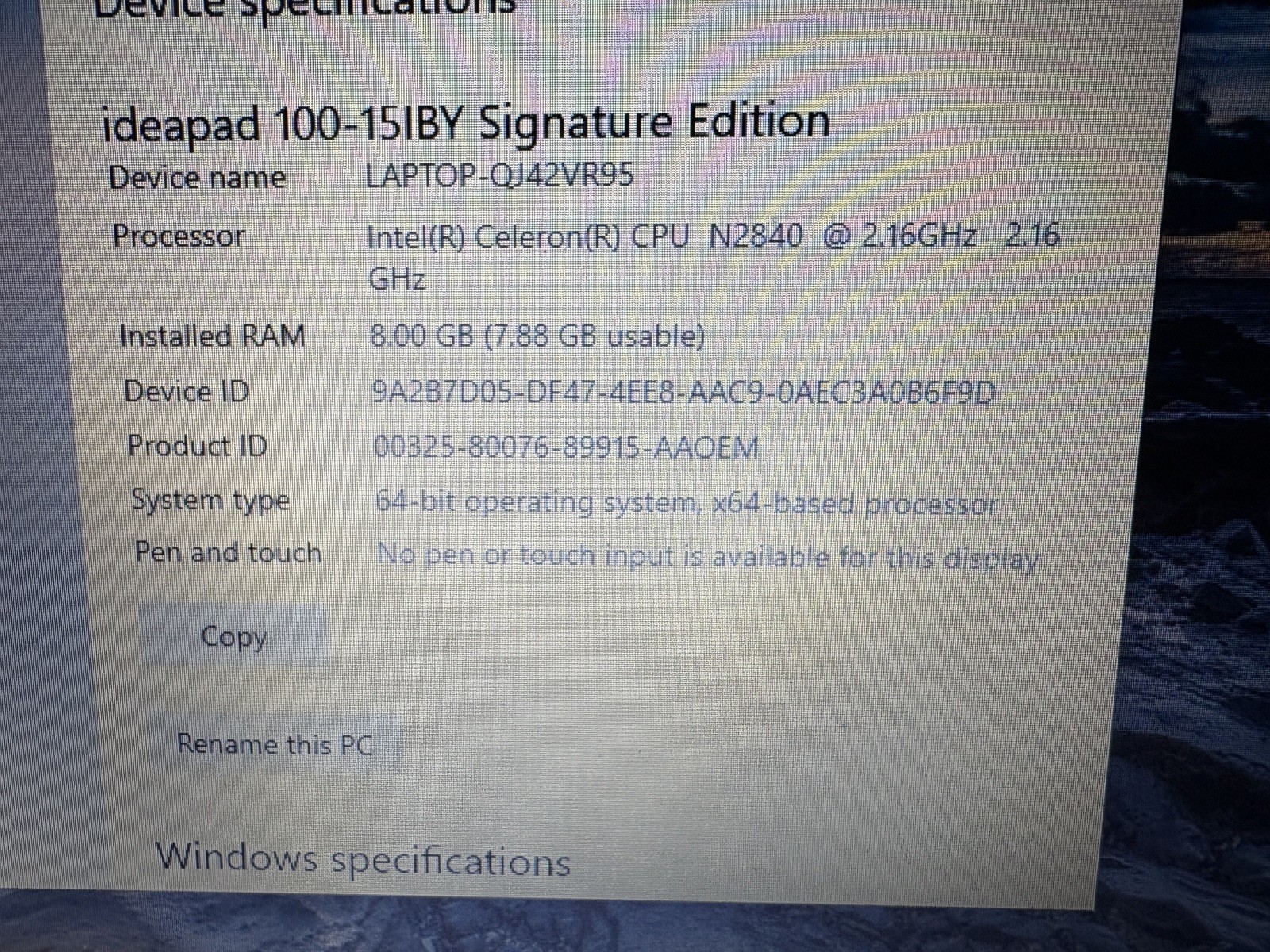 Lenovo IdeaPad 100-15IBY 15.6" Black Intel Pentium WIN10 500GB SSD, 8GB RAM, DVD