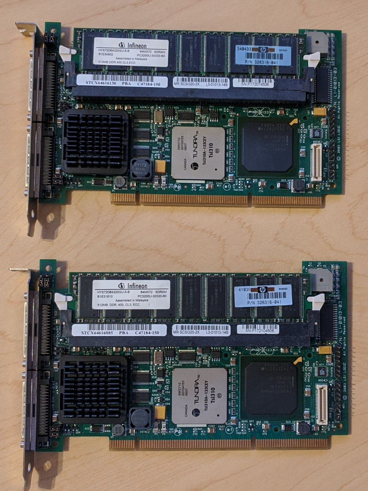 Lot of 2 LSI Logic L1-01013-03 Ultra320 SCSI Dual Channel 68-Pin RAID Controller