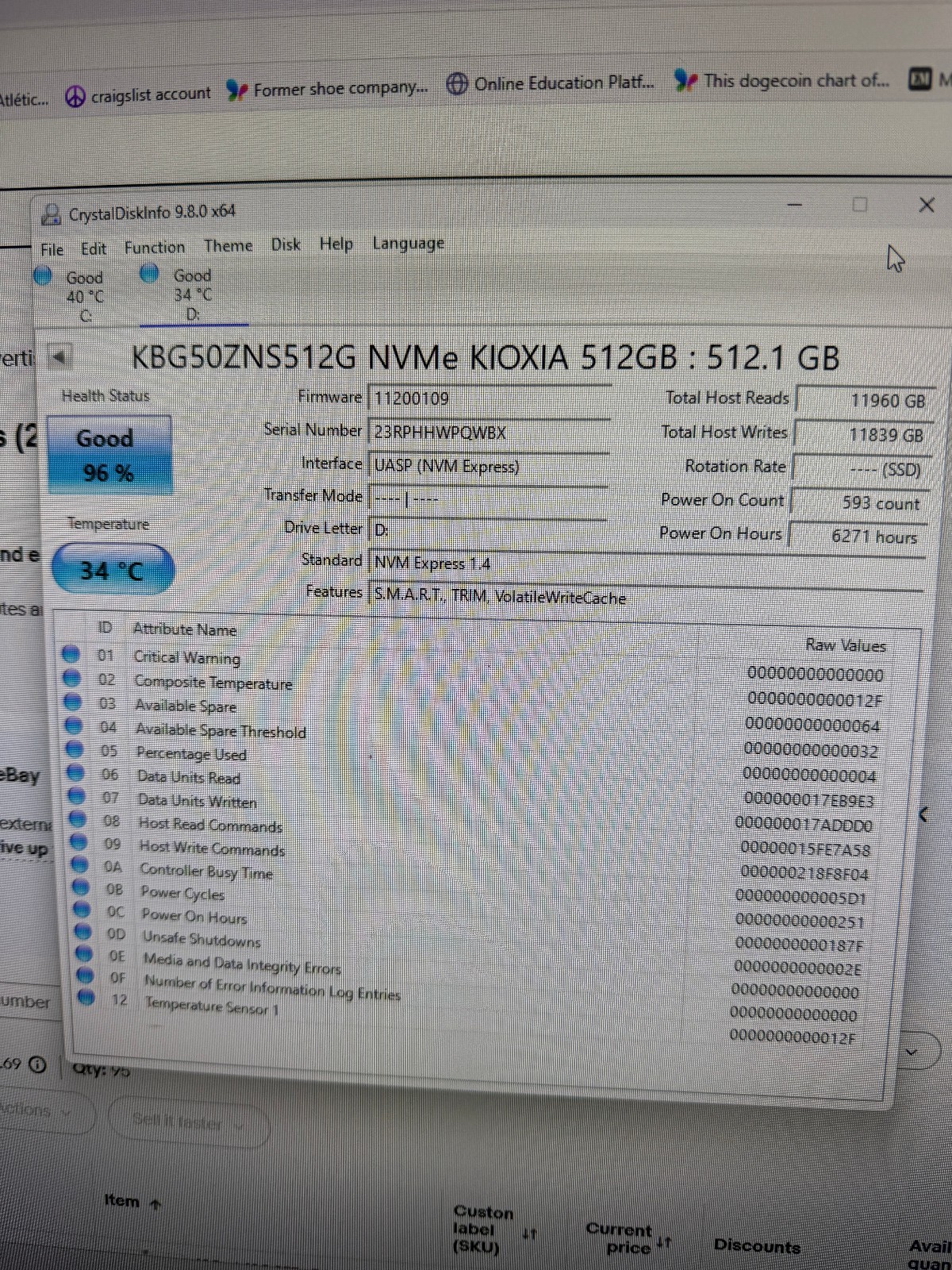 KIOXIA 512GB SSD NVMe K8G50ZNS512G NVMe-WIPED CLEAN-96% HEALTH