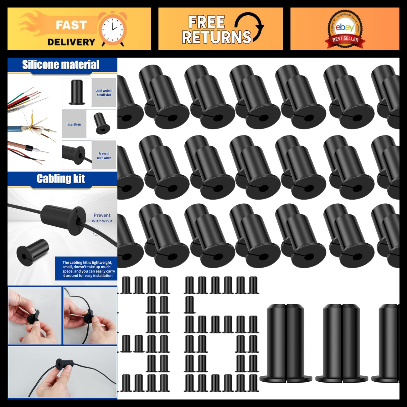 96pcs 3/4" Wall Grommets for Cables, Silicone Cable Pass Through, Black Bushing