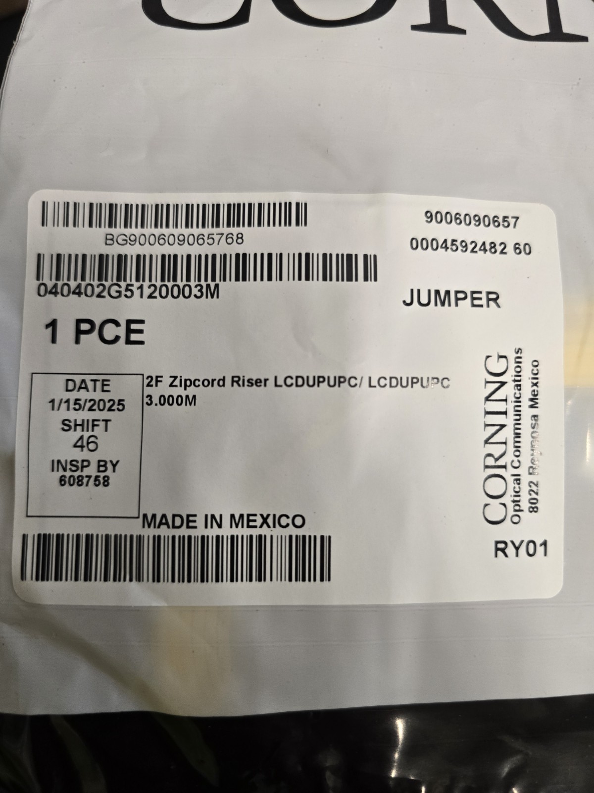 Corning 040402G5120003M 3 Meter Fiber Optic Jumper LC Duplex Zipcord Cable (OS2)