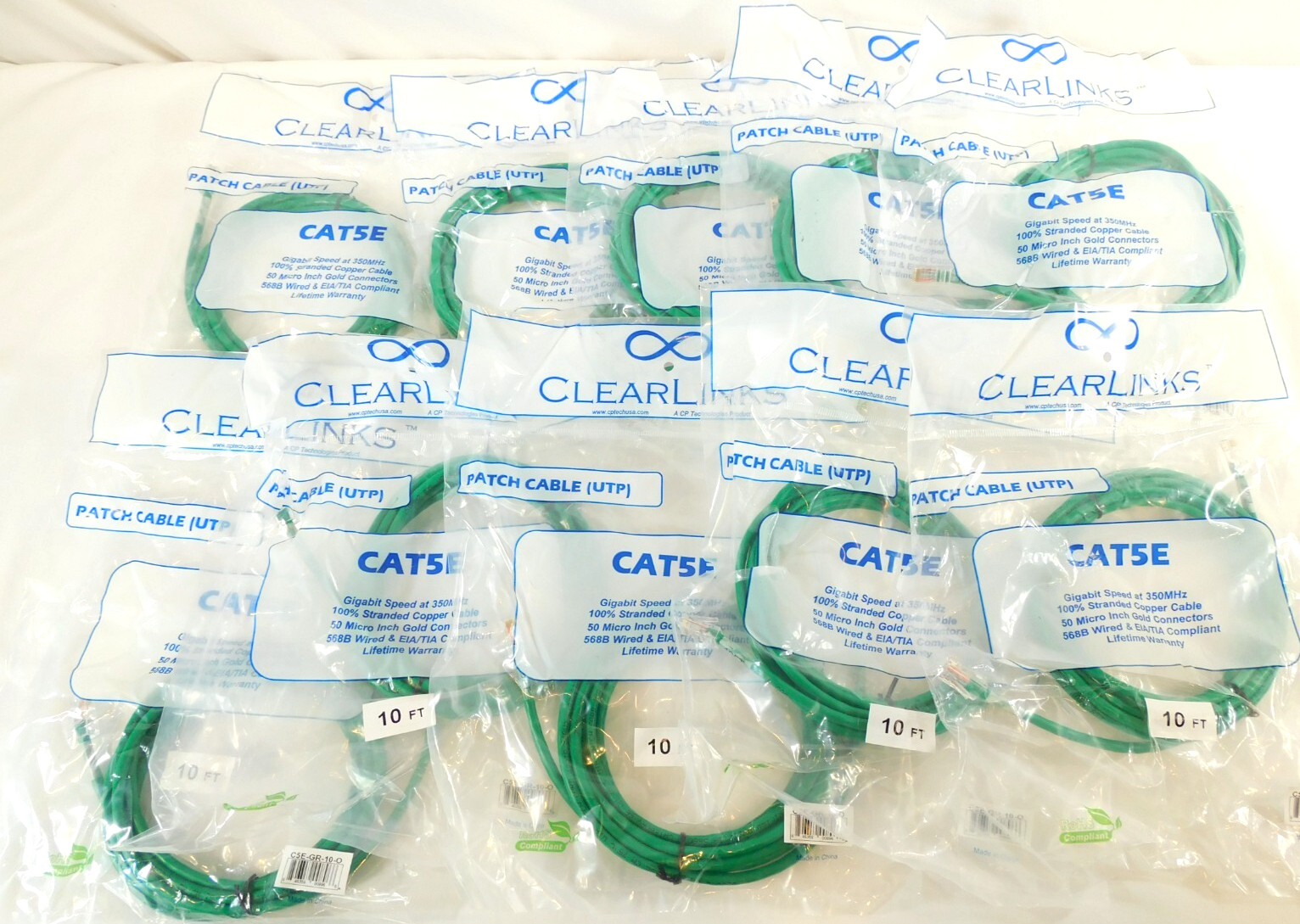 Cat5e Patch Cables ClearLinks C5E-GR-10-O - 10 Feet 350MHz Green- QUANTITY OF 10