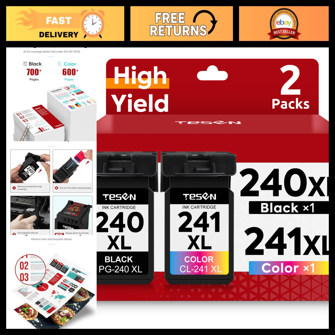 Compatible 240XL 241XL Ink Cartridge Combo Pack for Canon PG-240 CL-241 - High Y