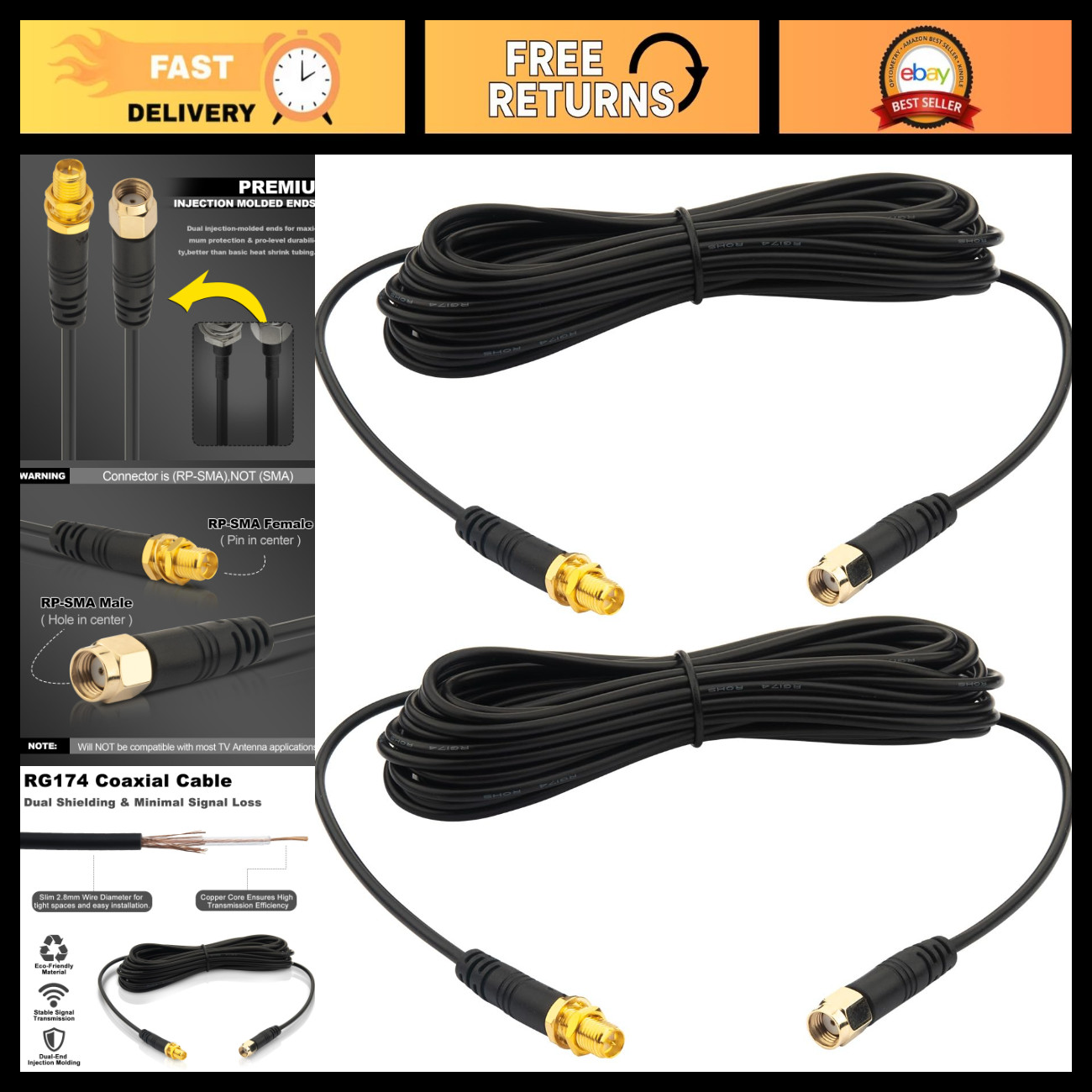 WiFi Antenna Extension Cable 2-Pack, 5m RG174, RP-SMA Male/Female, Heavy-Duty