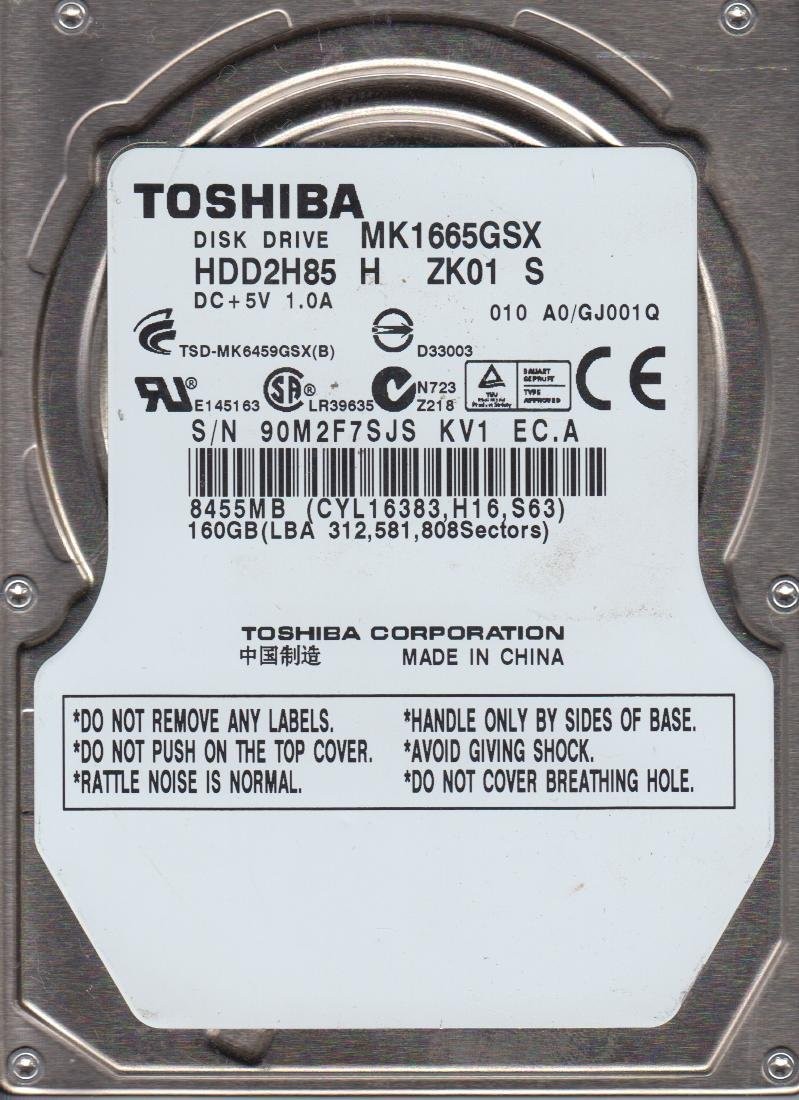 MK1665GSX, A0/GJ001Q, HDD2H85 H ZK01 S, Toshiba 160GB SATA 2.5 HDD Used Grade A