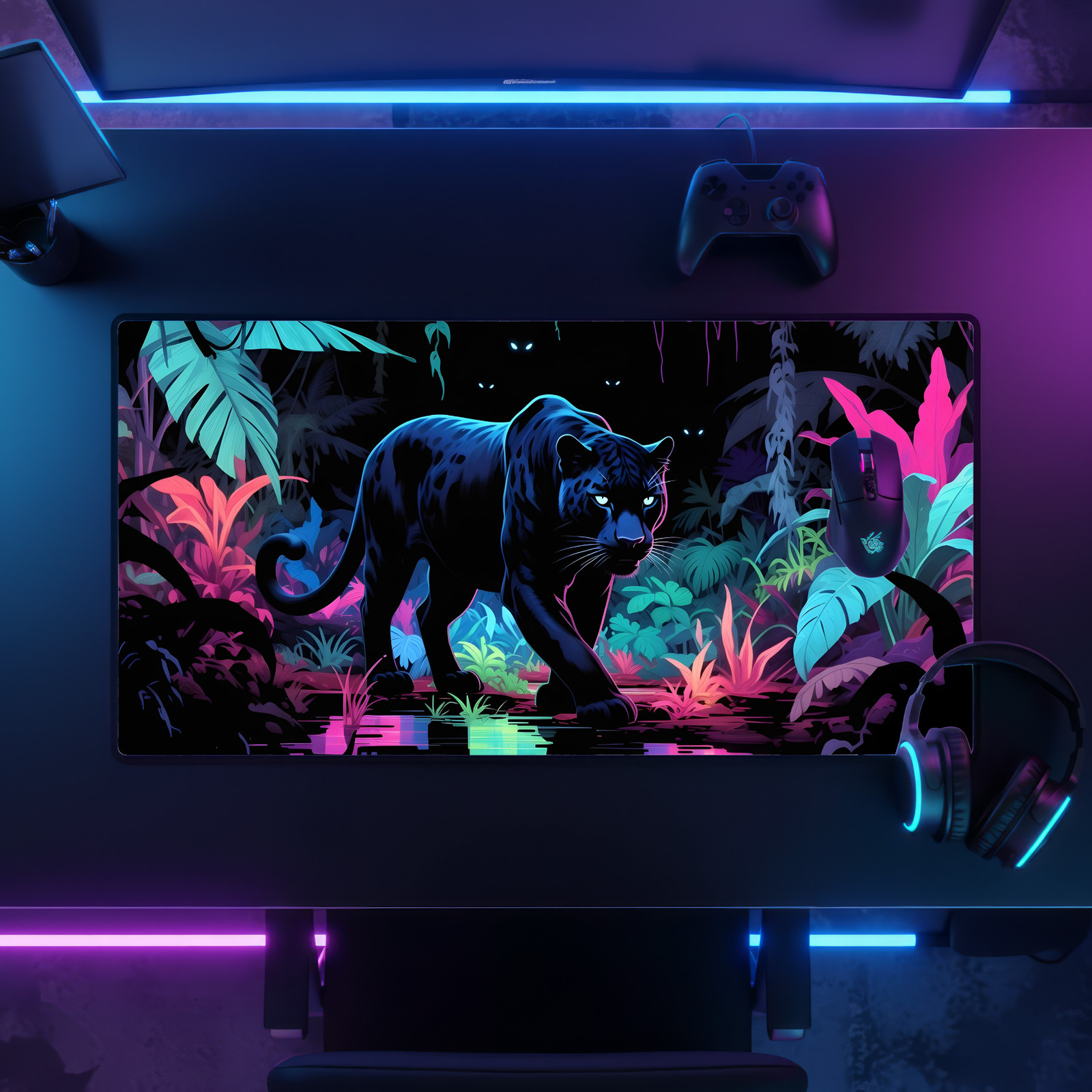 Neon Panther Jungle Desk Mat 16x32 Cyberpunk Animal Mouse Pad XL