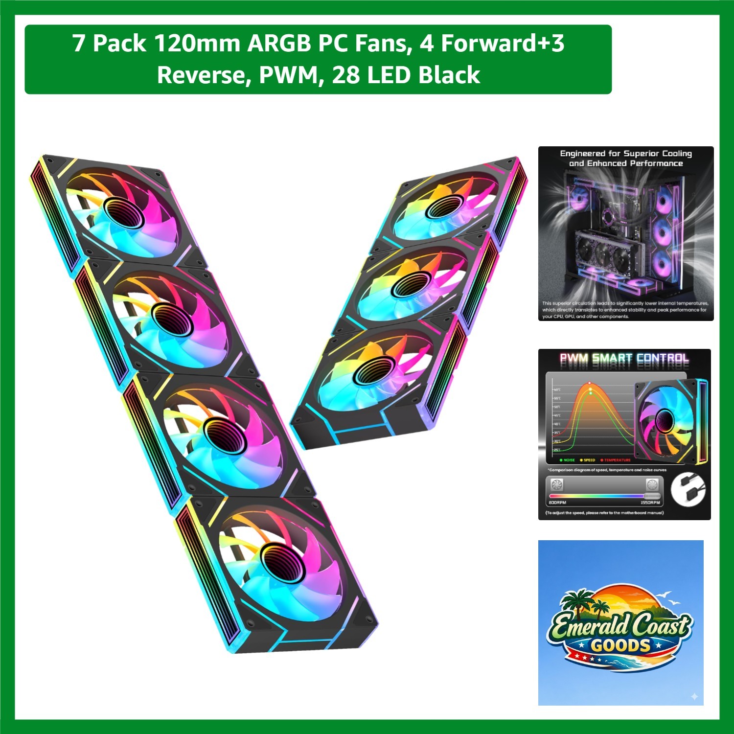 7 Pack 120mm ARGB PC Fans, 4 Forward+3 Reverse, PWM, 28 LED Black