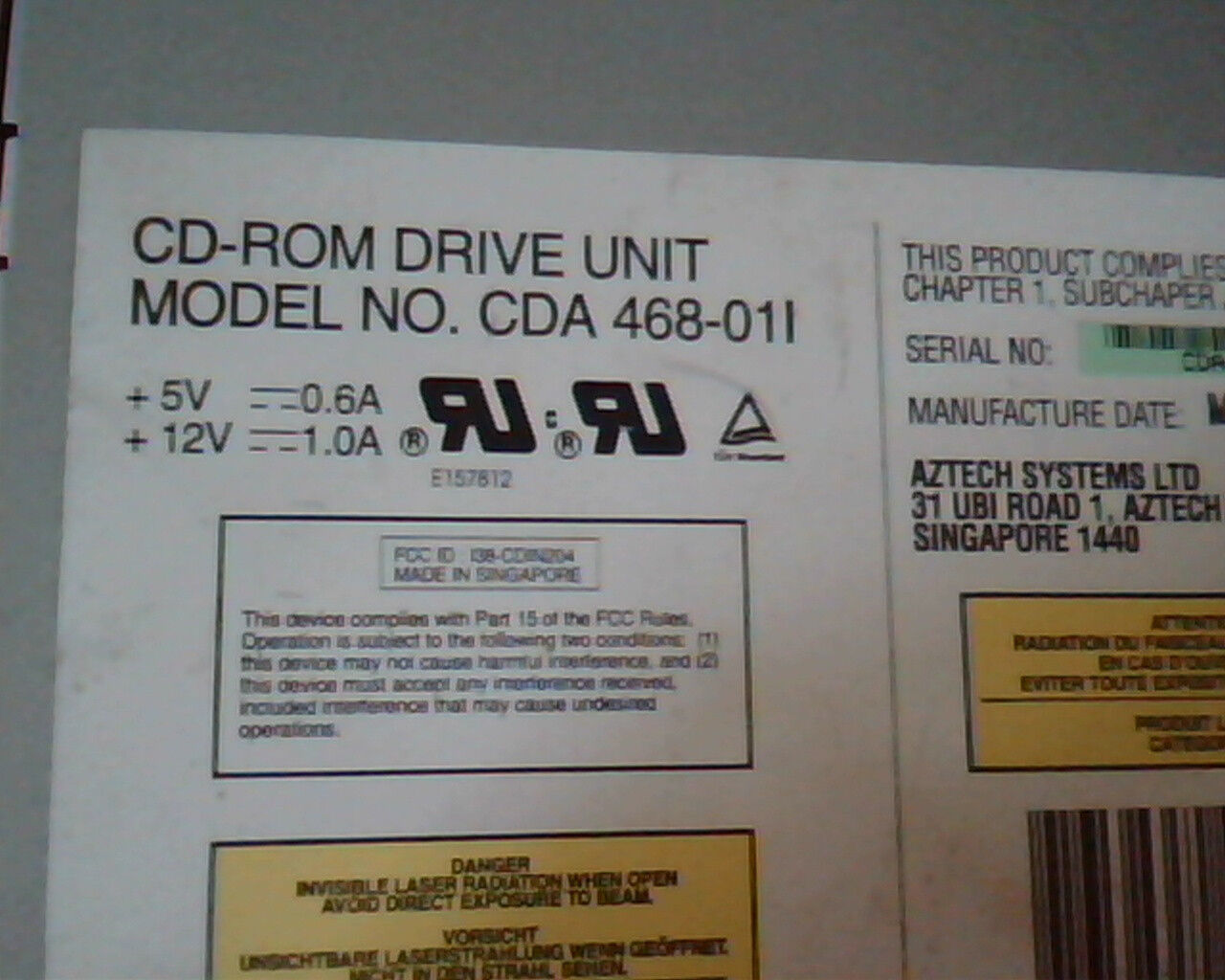 CD-ROM Drive CDA 468-01l May 1995 Aztech Quad Speed E157812