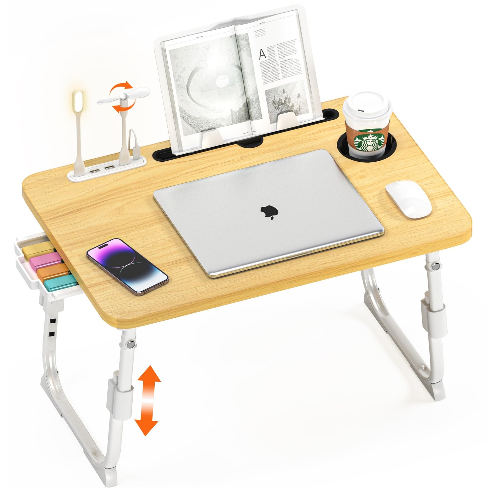 Laptop Bed Desk Height Adjustable, Bed Laptop Table with USB/Storage Drawer/C...