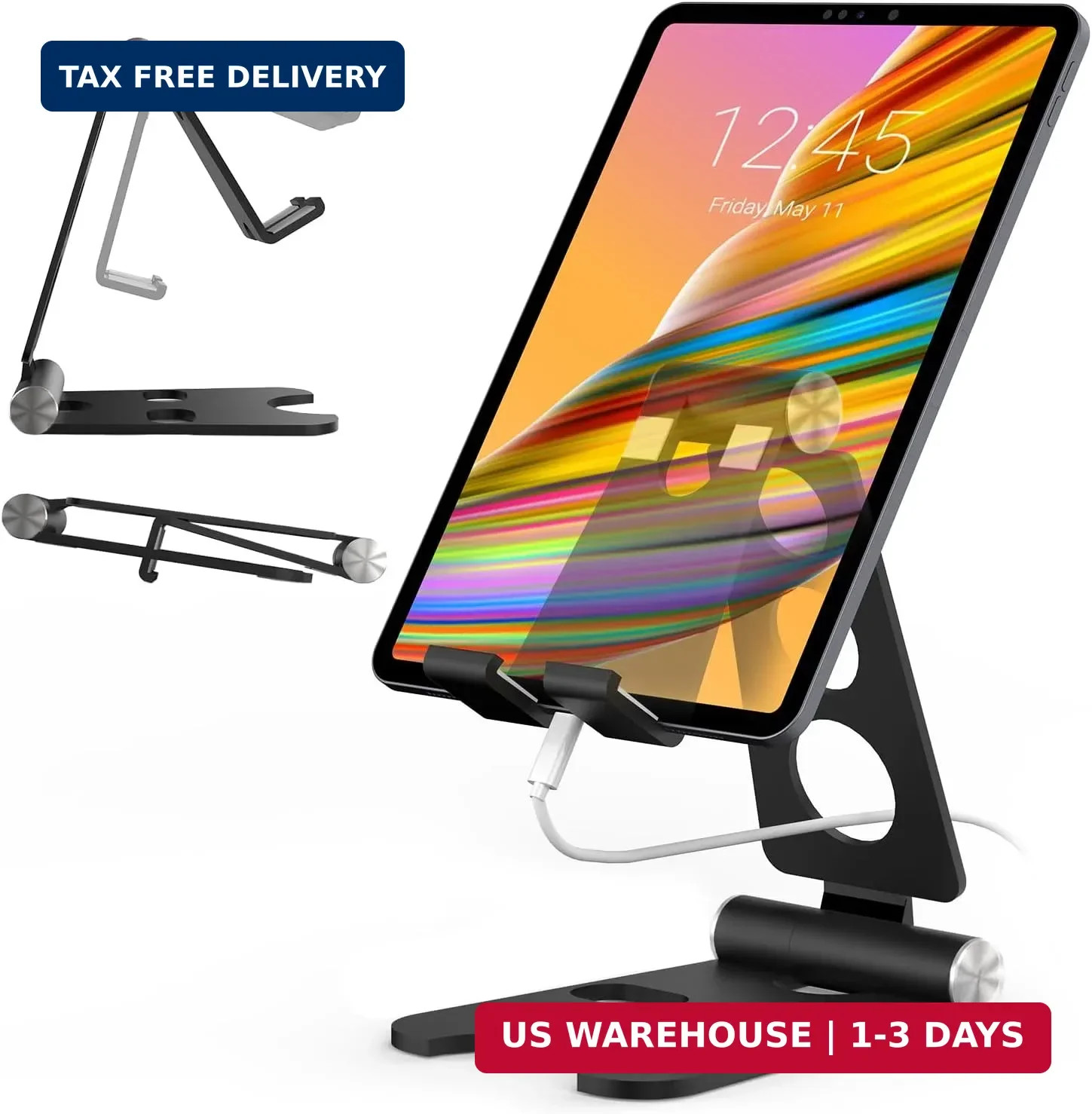 Kado Tablet Stand with Cord Holder Aluminum Alloy Black, Fully Adjustable Foldab