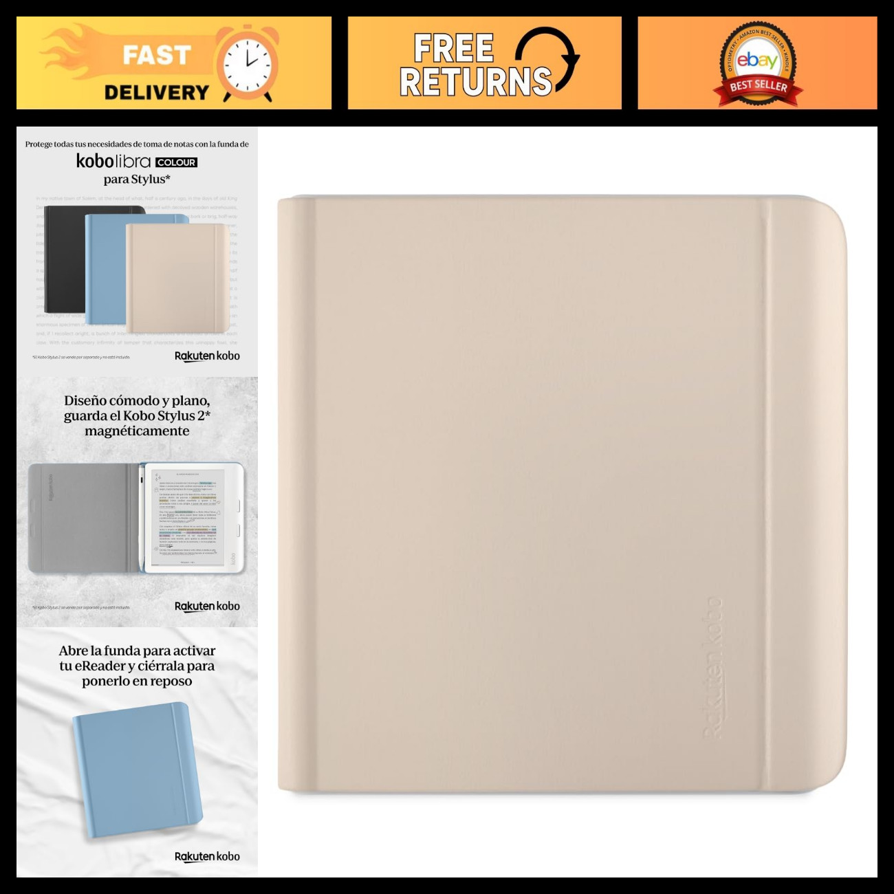 7" eReader Case - Sand Beige Vegan Leather Cover with Sleep/Wake & 2-Way Stand