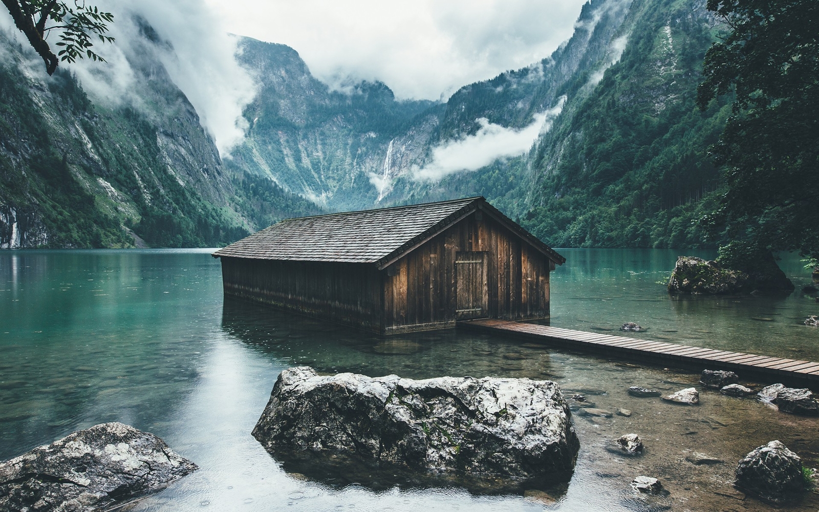 Landscape lake boathouses mountains clouds nature Custom Gaming Mat Desk