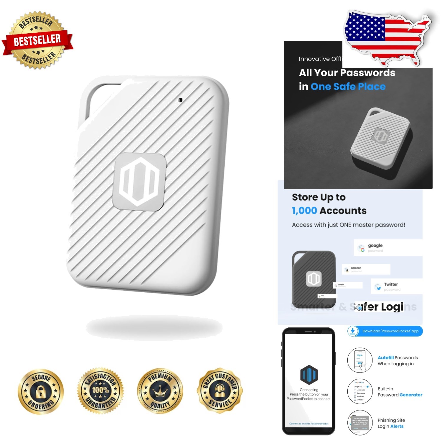 PasswordPocket 8MB Bluetooth Drive 1000 Credentials Autofill Internet-Free White