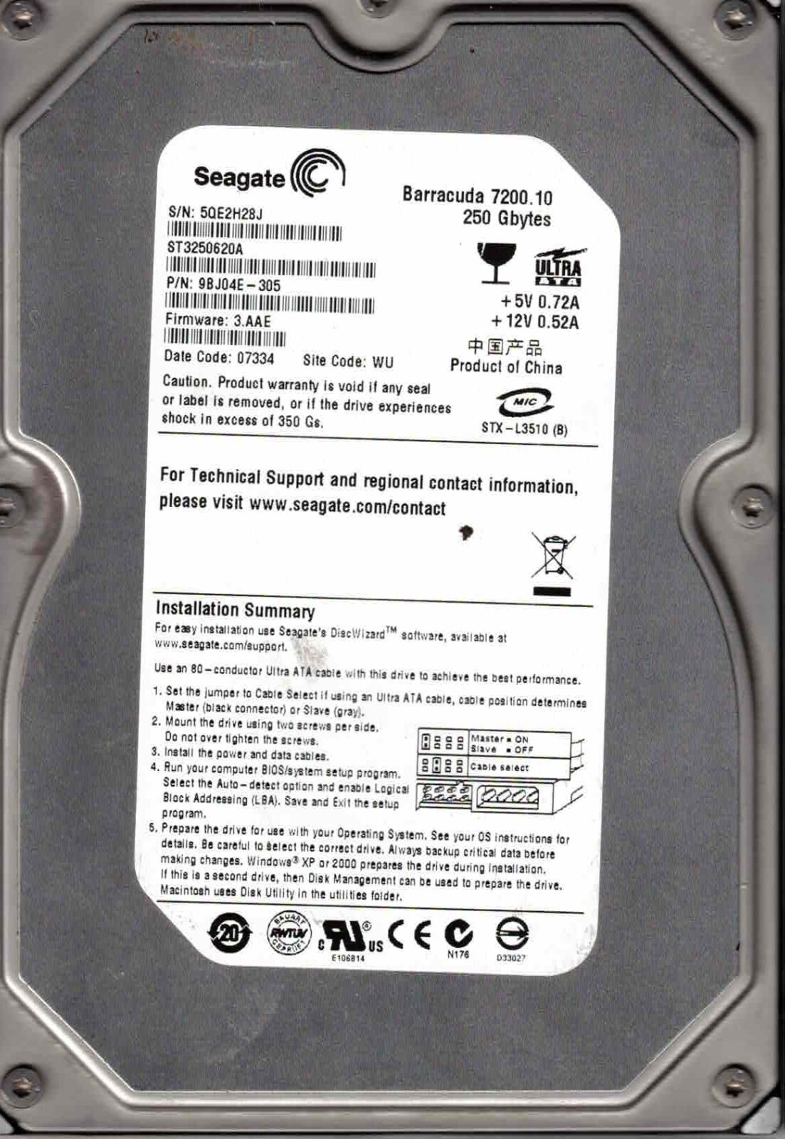 ST3250620A,  9BJ04E-305,  3.AAE, WU,  5QE2,  SEAGATE IDE 250GB