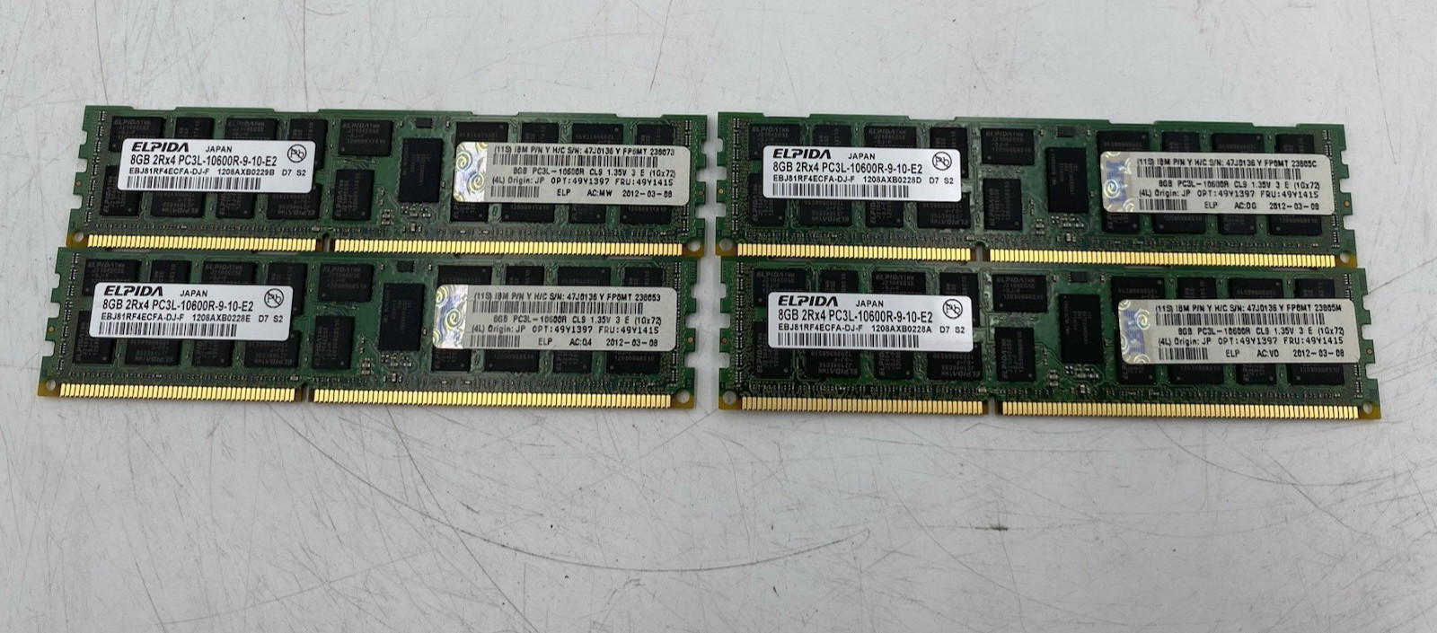 LOT OF 4 ELPIDA 8GB 2RX4 PC3-10600R-9-10-E2 (32GB Total)