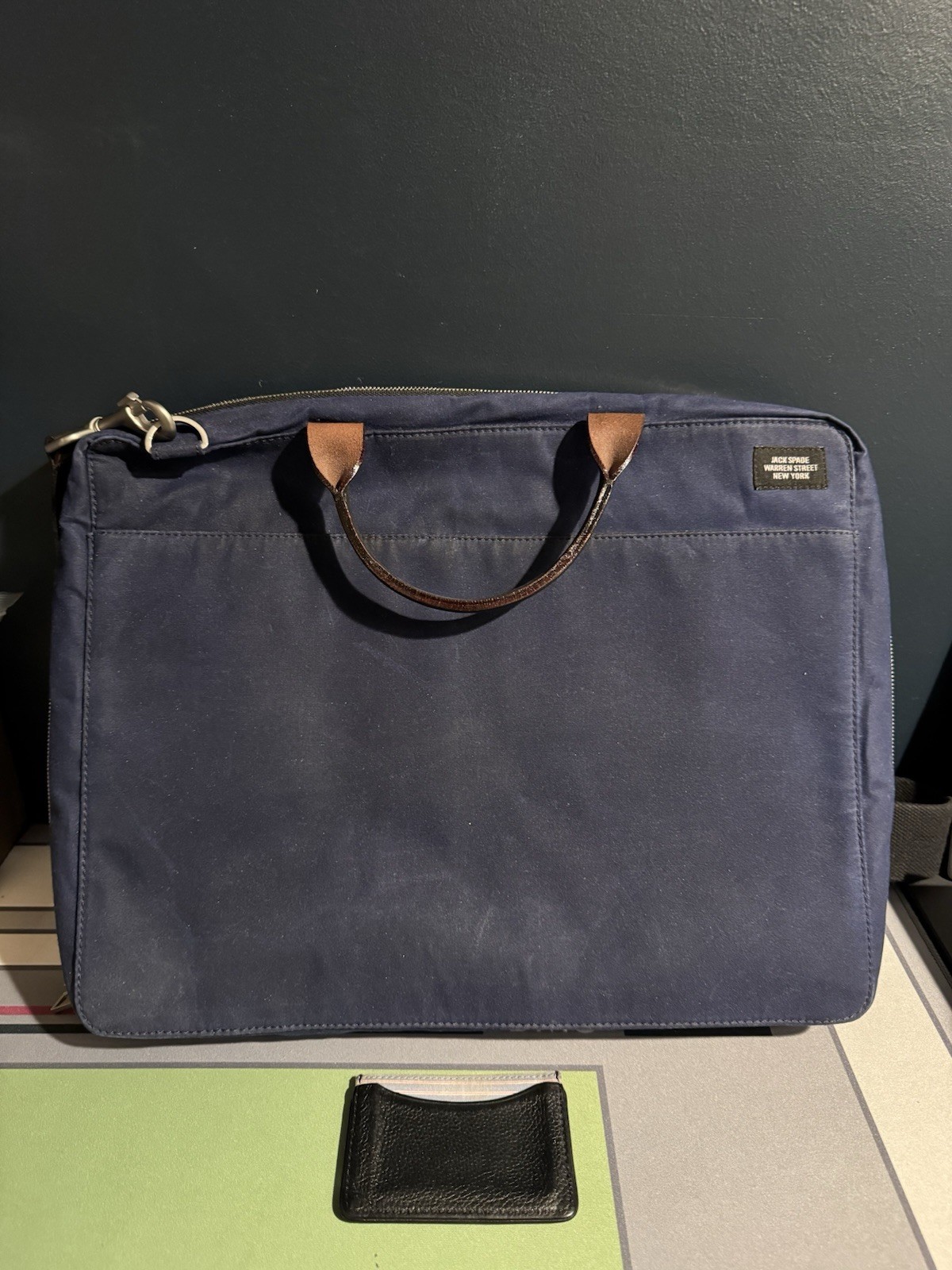 Jack Spade Waxed Cotton Slim Briefcase - Dark Blue w/Jack Spade Card Wallet
