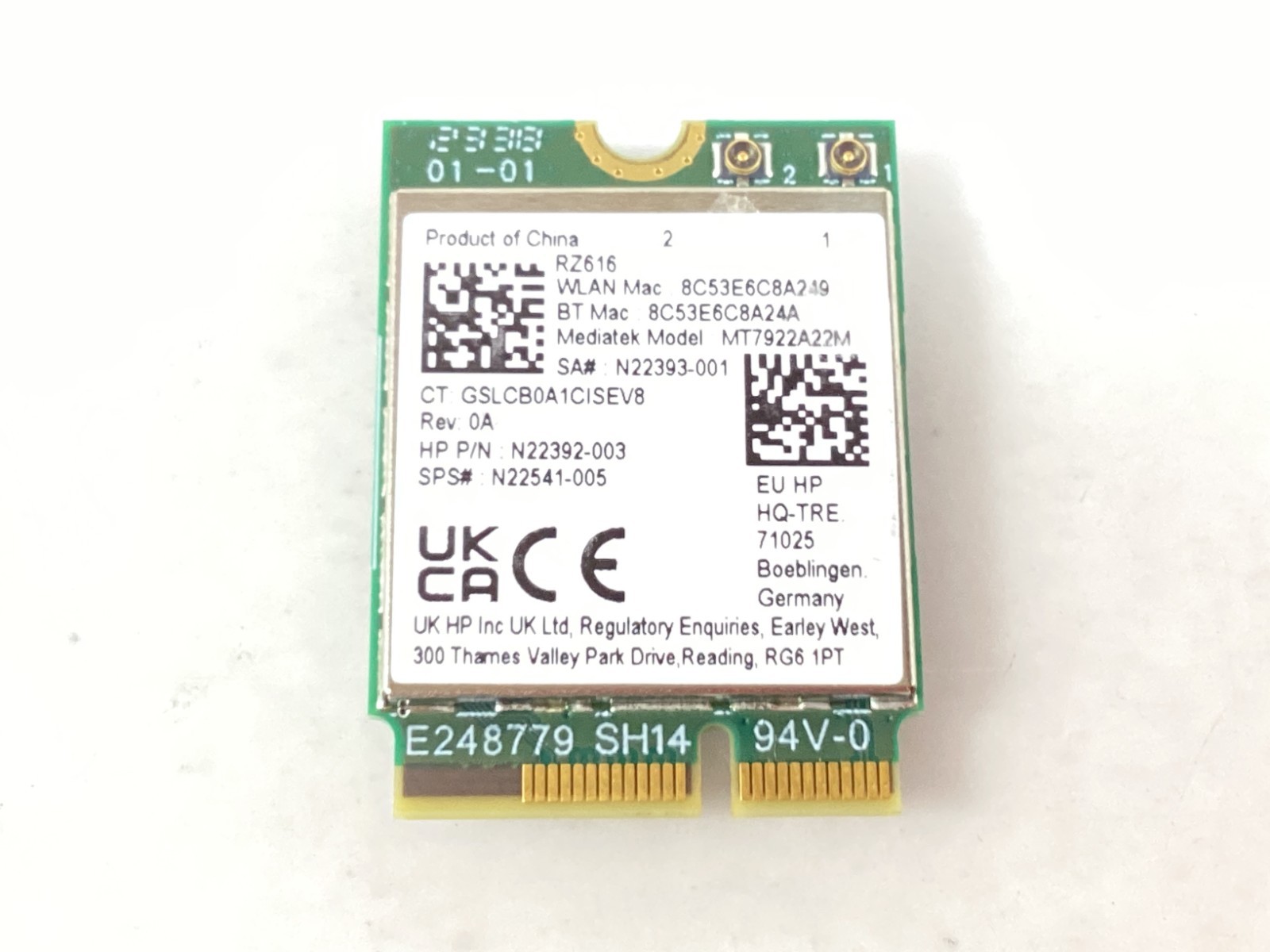 HP MediaTek MT7922 WLAN 6E Wi-Fi 6E Bluetooth 5.2 M.2 Card - N22392-003