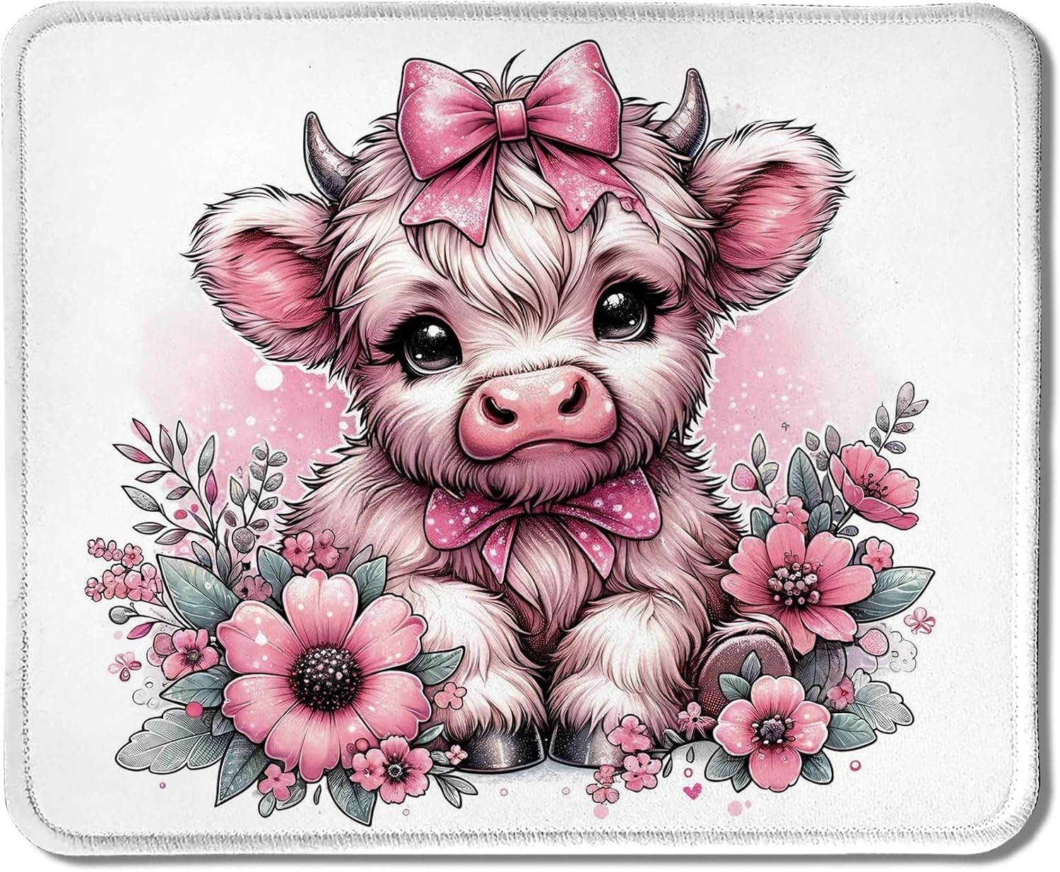 Coquette Pink Bow Floral Highland Cow Mouse Pad, Cute Western Baby Highland Cow