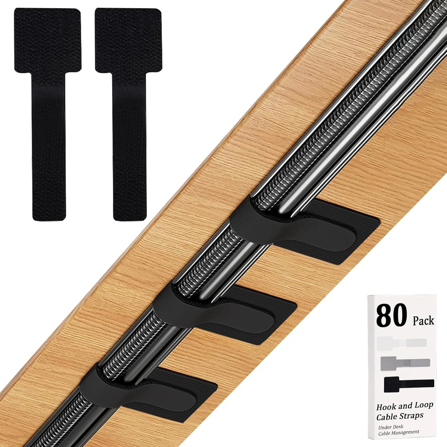 80PCS Hook and Loop Cable Straps, Cable Management Under Desk, Adhesive Cable Ti