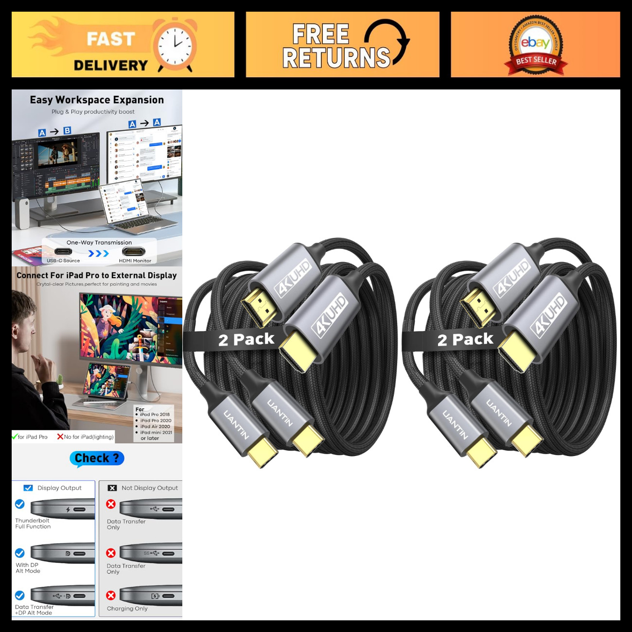 6Ft USB C to HDMI Cable - 4K High-Speed Adapter for Home Office - 4-Pack