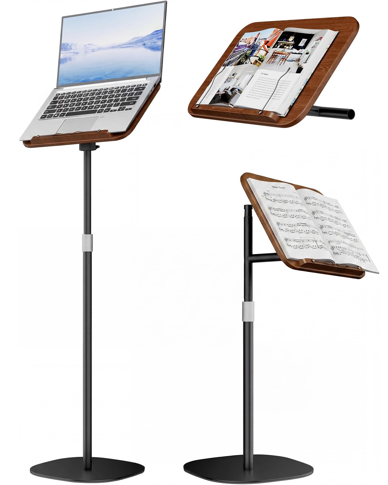 boostool Laptop Stand Floor Wood Music Stand Adjustable Height Hands Free Brown