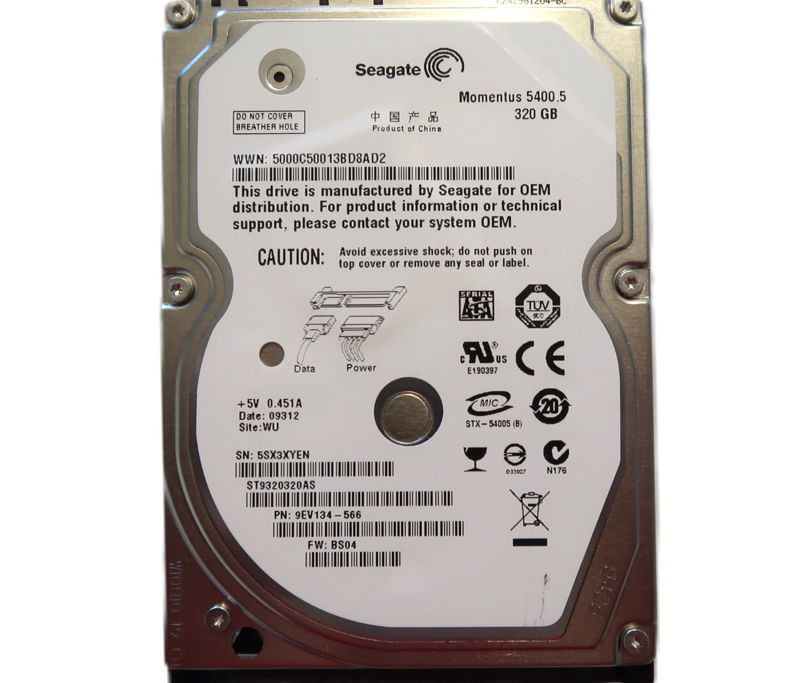 Seagate ST9320320AS 9EV134-566 BS04 (5SX3) 2.5" 320gb Sata HDD WU China JAN/2009
