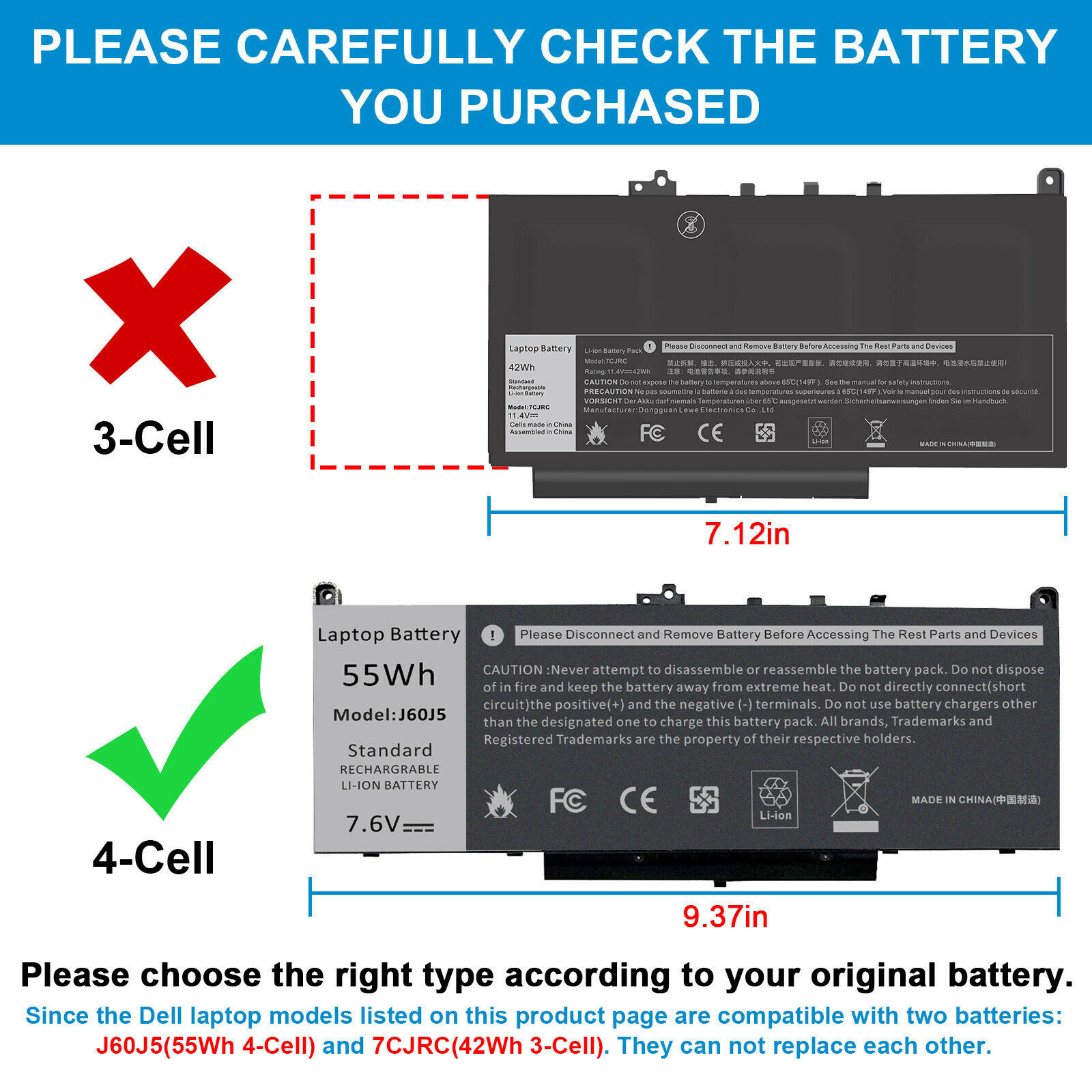 Lot J60J5 Battery For Dell Latitude E7270 E7470 MC34Y 242WD 451-BBSY 7.6V 55Wh