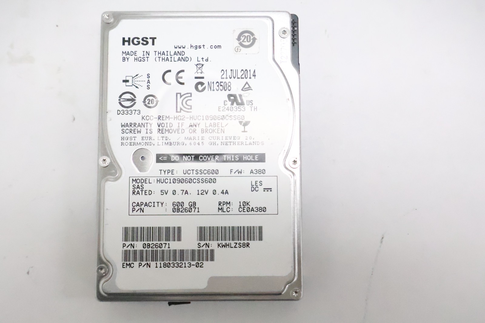 Used HGST EMC 0B26071 600GB 10K SAS 2.5" Hard Drive HUC109060CSS600 118033213-02