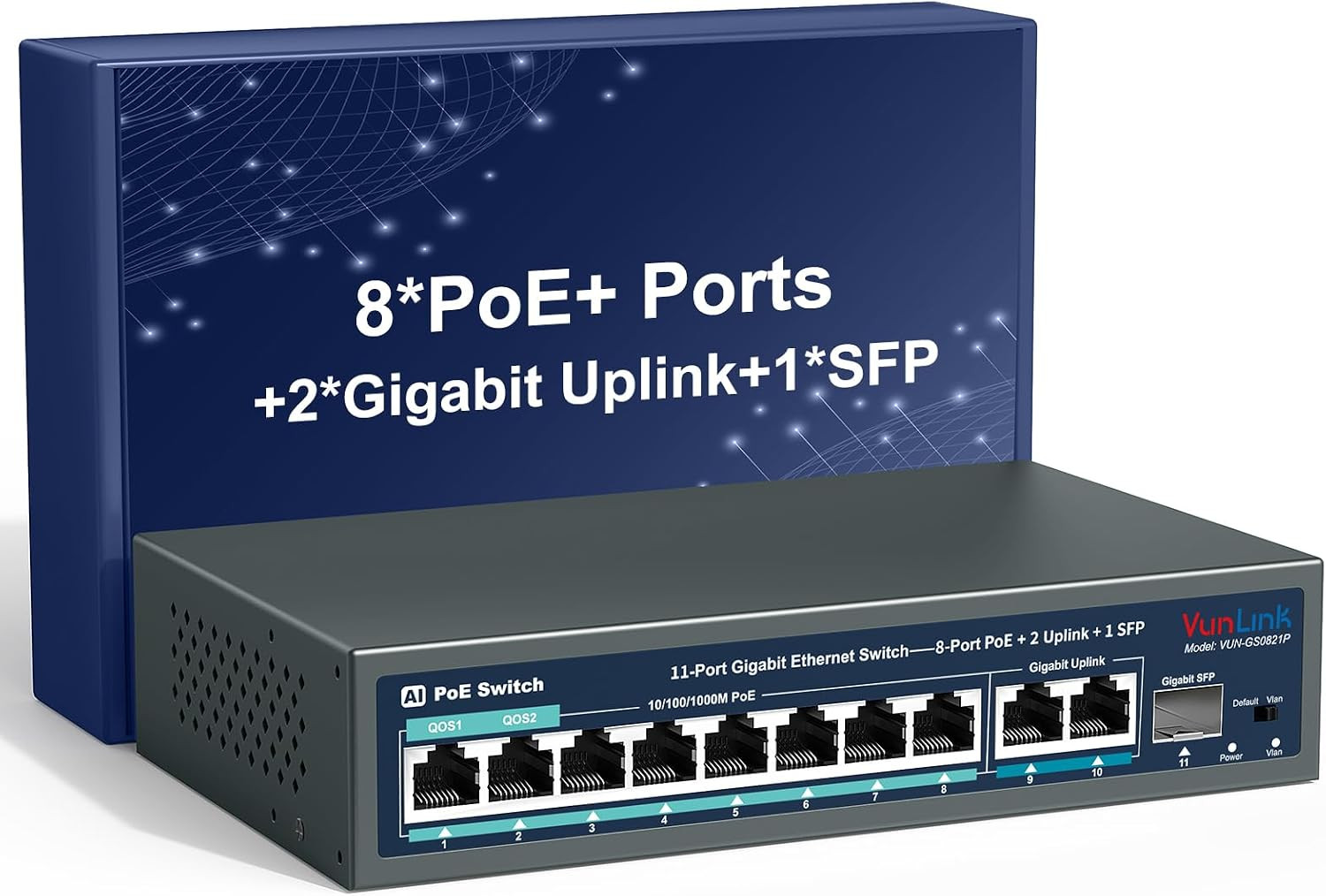 8-Port Gigabit Poe Switch, 2 Gigabit Uplinks, 1 Gigabit SFP, 120W Poe Power