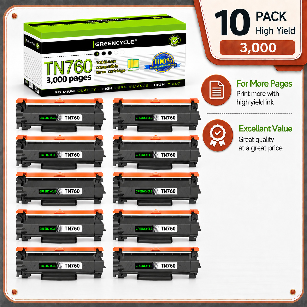 10PK TN760 Toner Cartridges for Brother MFC-L2710dw HL-L2730DW MFC-L2750DW TN730