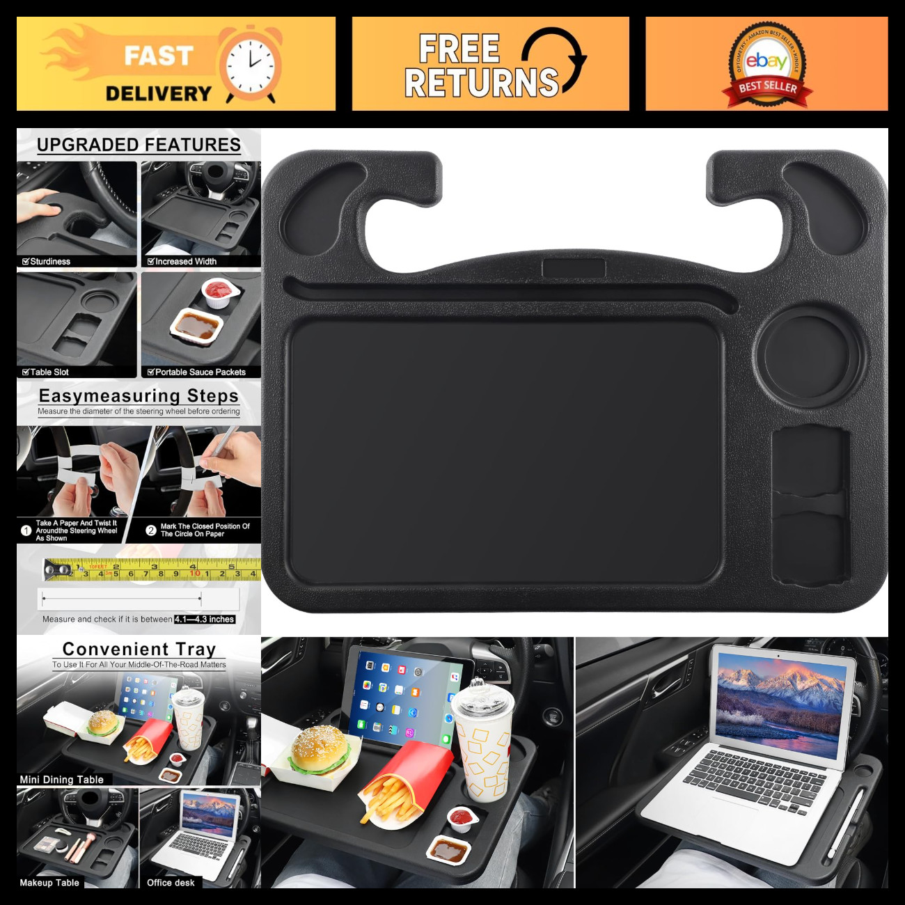 4-in-1 Car Steering Wheel Desk for Laptop, Versatile Seat Tray with Tablet Holde