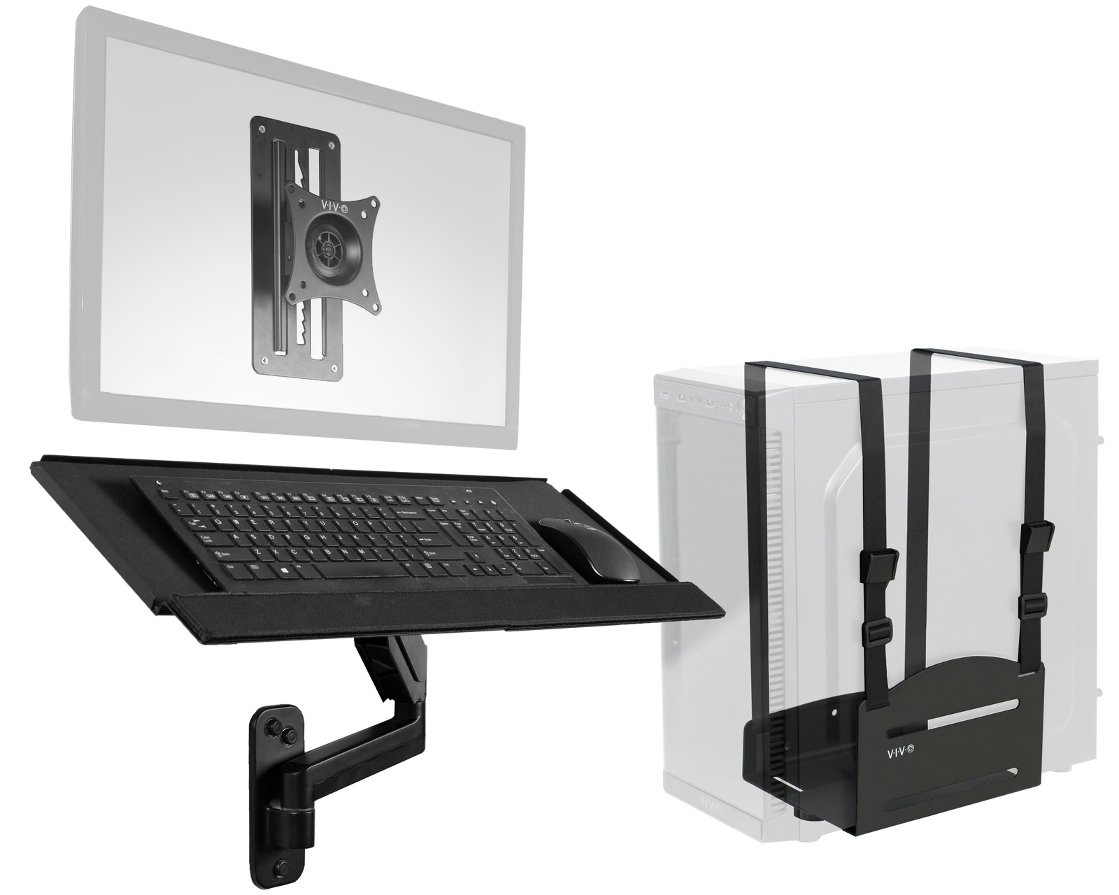 VIVO Sit-Stand Single Monitor Mount, Keyboard Tray, and PC Wall Mount Kit