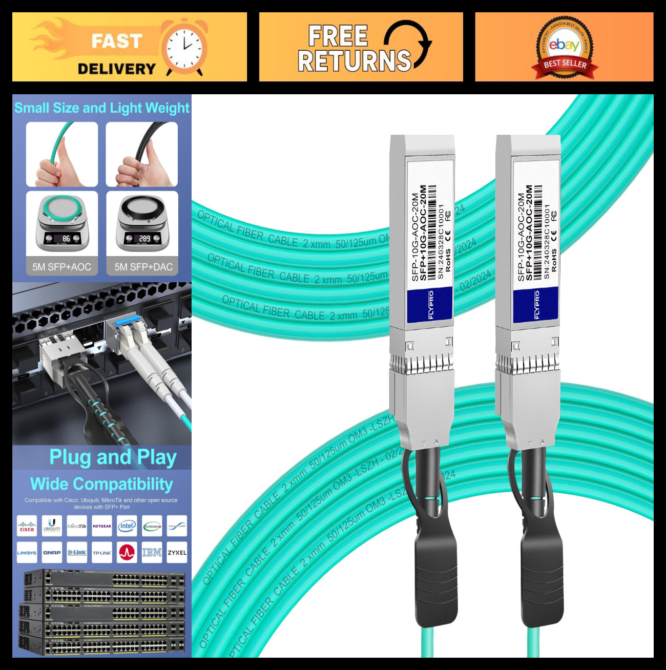 10G Active Optical Cable 20M OM3 Multimode Fiber AOC - High-Speed Data Transfer