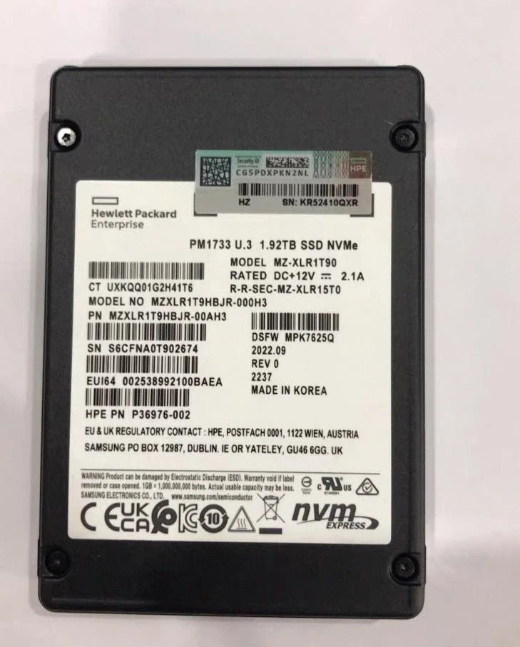 Samsung PM1733 1.92TB HPE SSD U.3 PCIE 4.0 NVME MZXLR1T9HBJR-000H3
