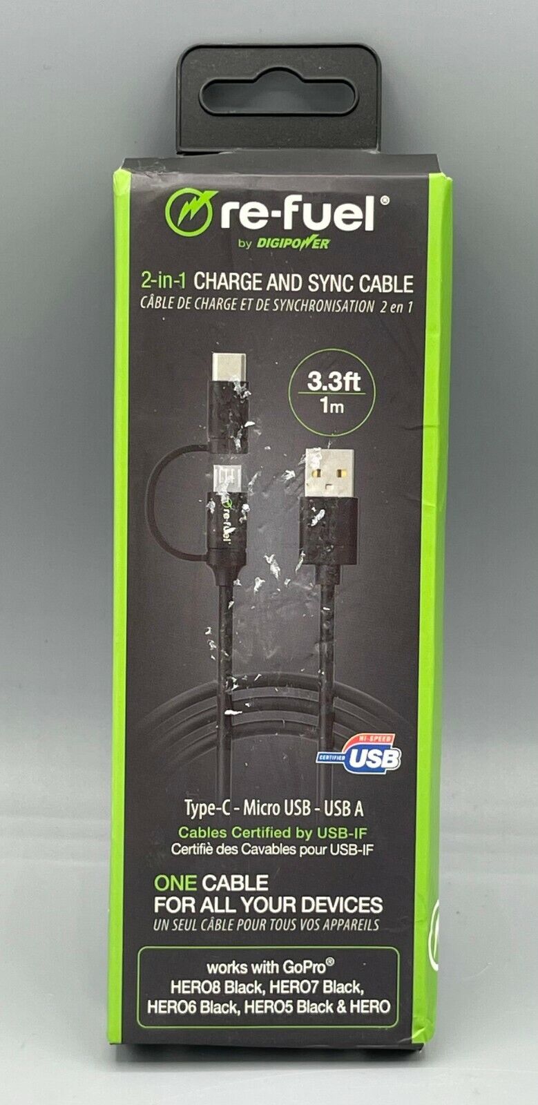 Digipower 3.3ft Charge and Sync USB-A to USB-C cable for GoPro Hero - NEW