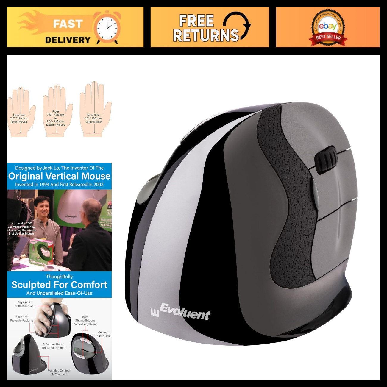Ergonomic Vertical Mouse Right Hand USB Wireless - Comfort Design, Reduces Wrist