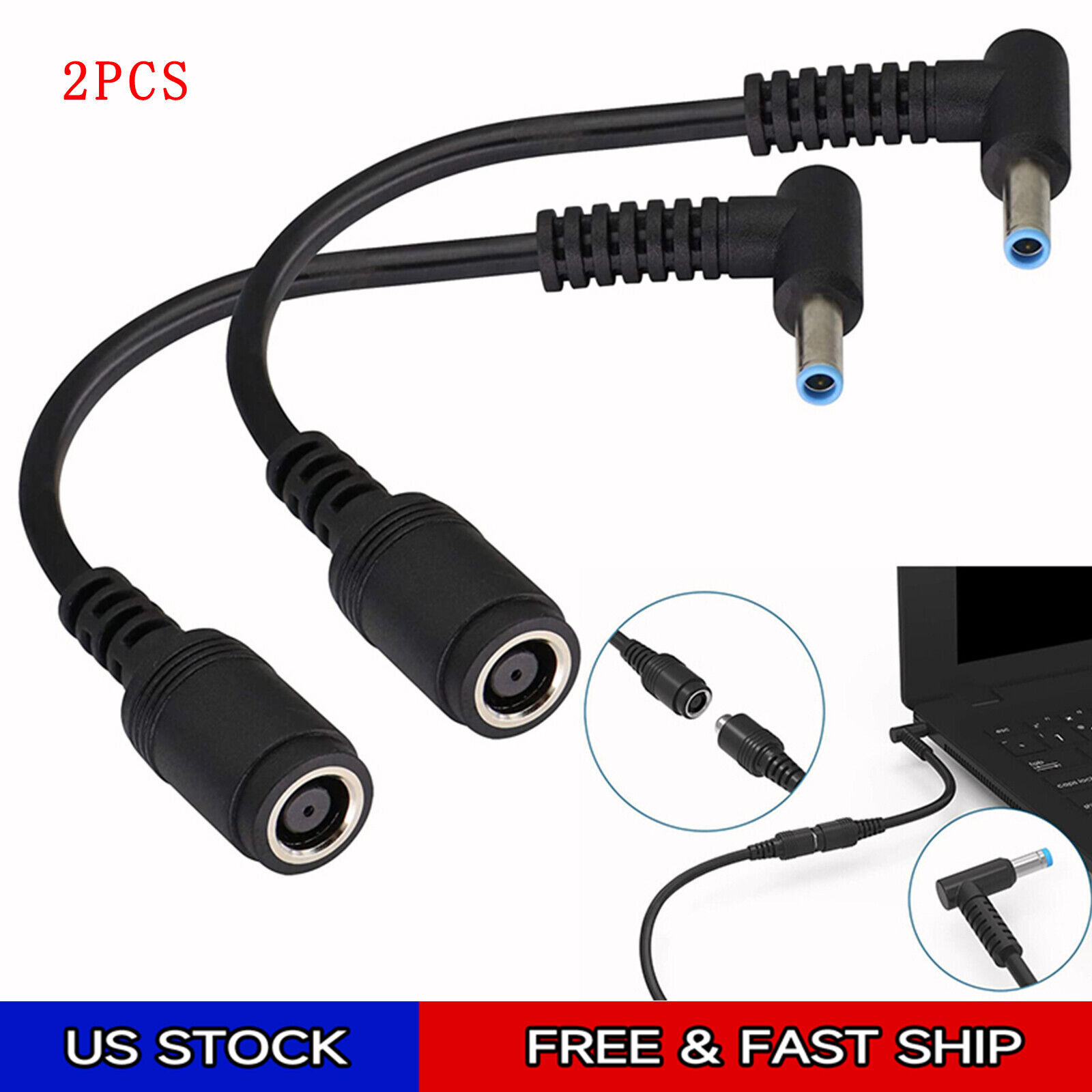 2Pcs DC Power Charger Adapter Cable 7.4mmx5.0mm To 4.5mmx3.0mm For HP Blue Tips