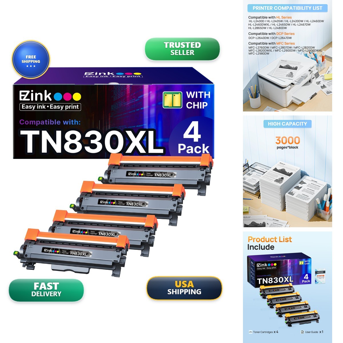E-Z Ink TN830XL Compatible Toner 4-Pack for Brother DCP-L2640DW HL-L2460DW
