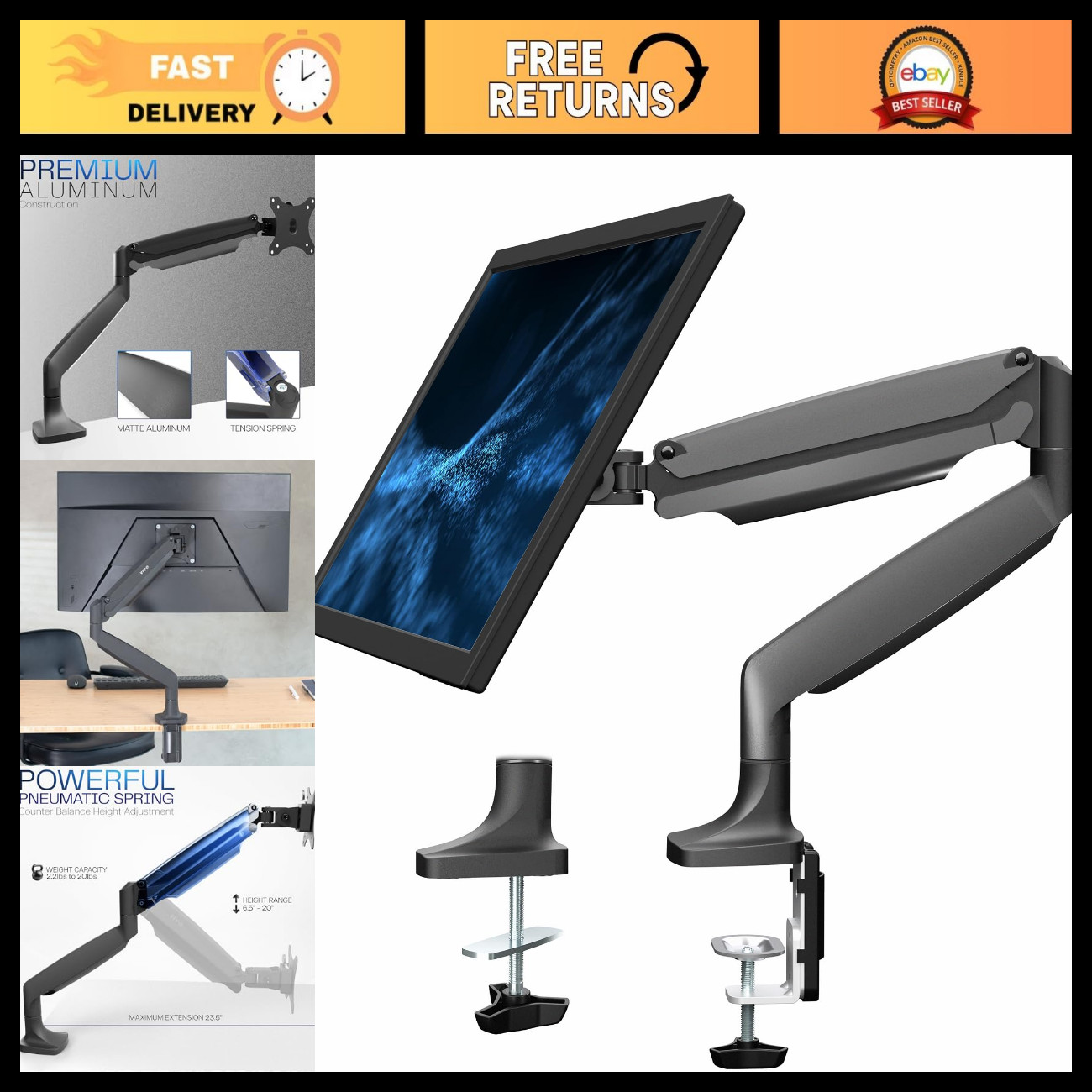 Height Adjustable Single Monitor Desk Mount Stand - Articulating Gas Spring Arm