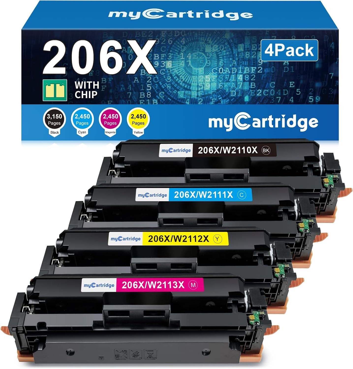 206X Toner Cartridges 4 Pack High Yield w/ Chip Replacement for HP 206X 206A