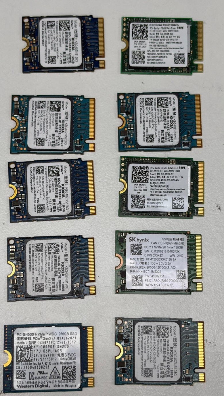 LOT of 10.  128GB SSD M.2 PCIE NVME 2230 Solid State Drive Major Brands,WD,Hynix