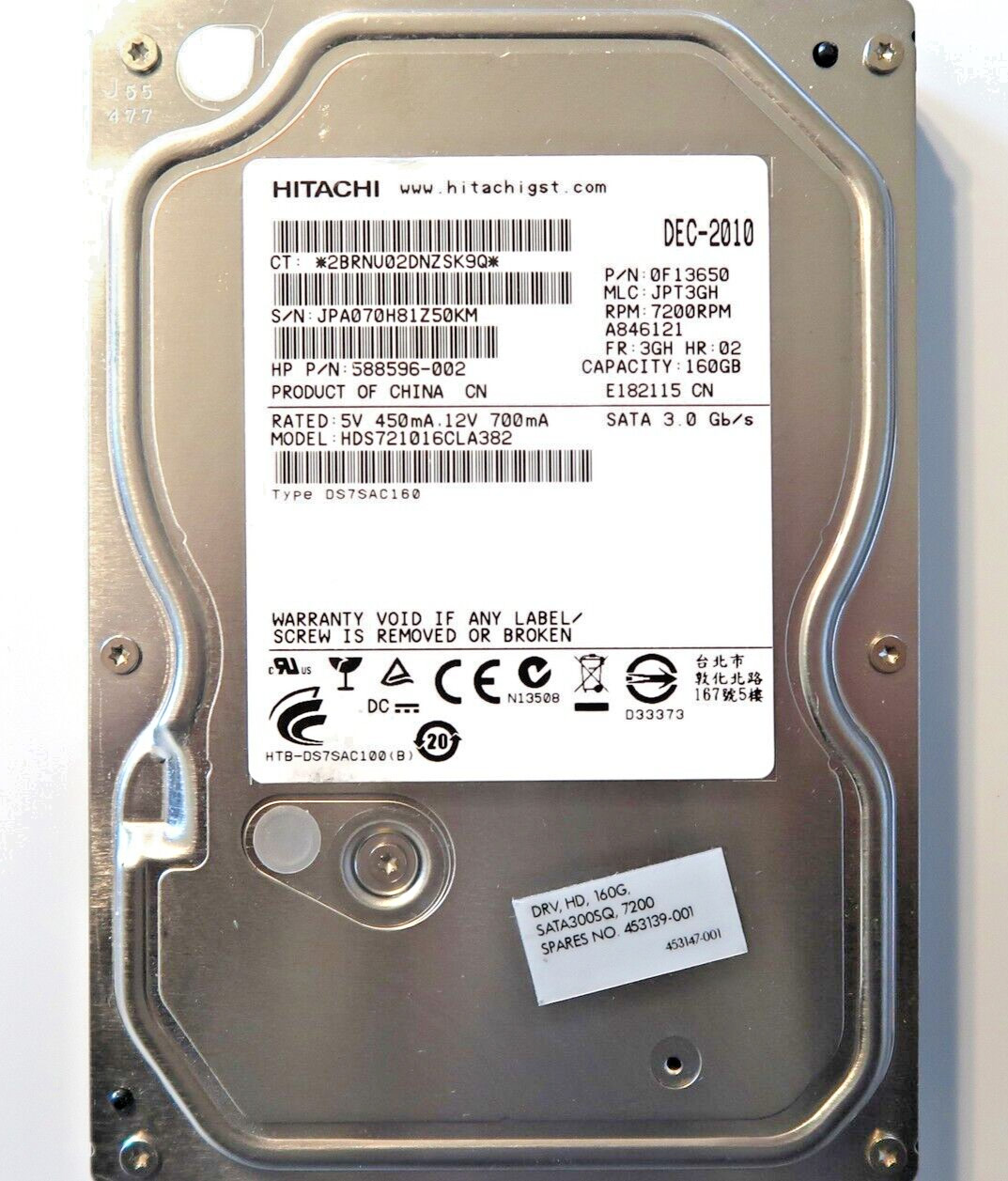 HDS721016CLA382 PN:0F13650 JPT3GH (JPA0) China 3.5" 160gb Sata 12/2010