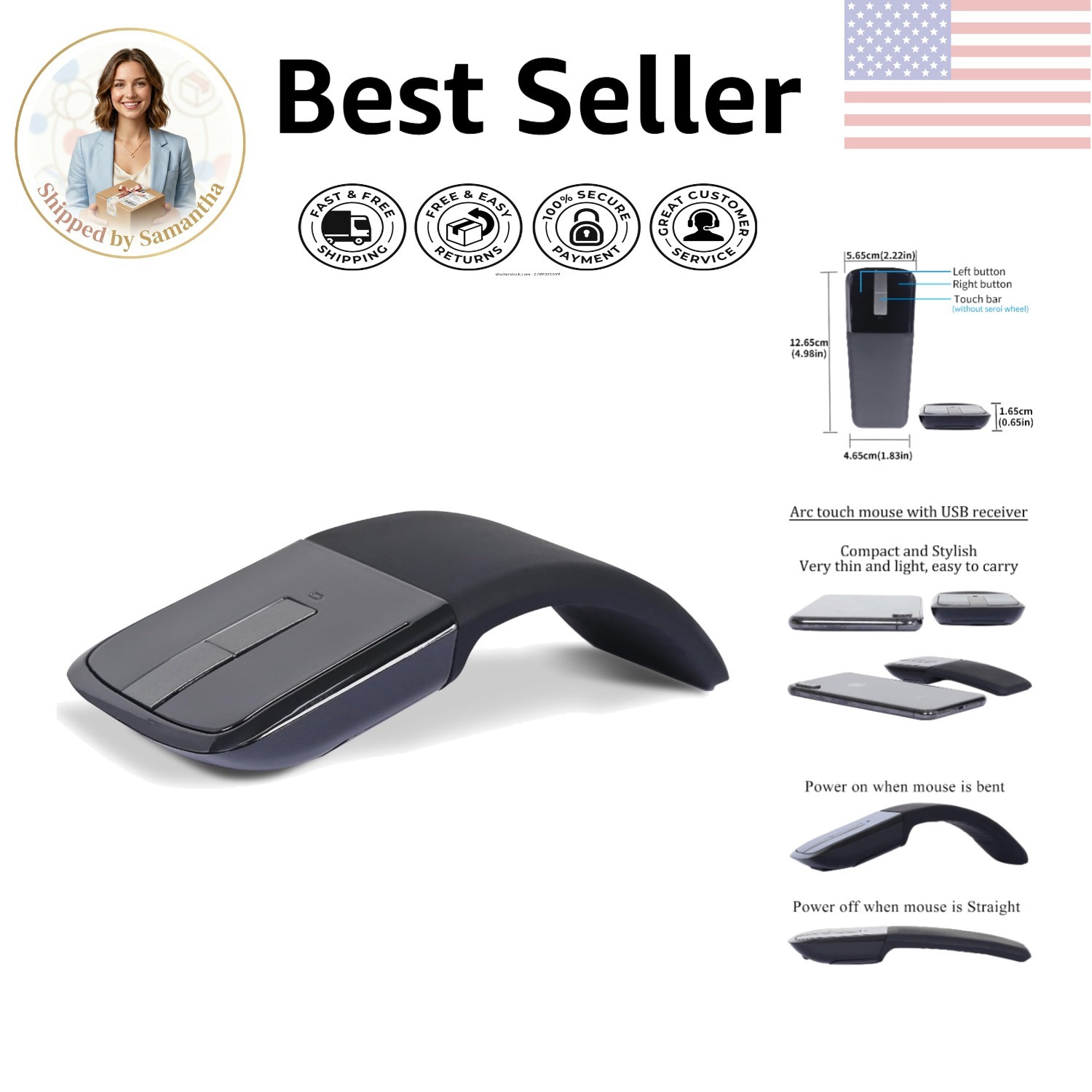 Bluetooth Arc Mouse: Foldable & Slim Wireless Travel Mouse for Laptops & Tablets