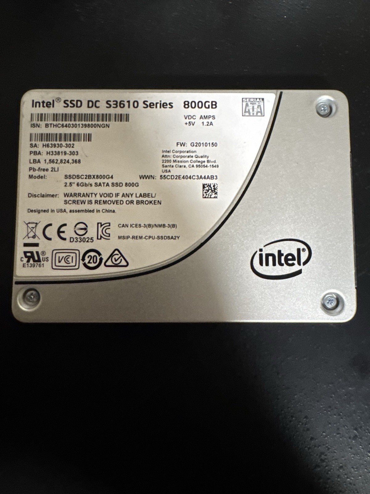 Intel DC S3610 Series 800GB SATA 6Gb/s 2.5inch Internal SSD 96 % Health