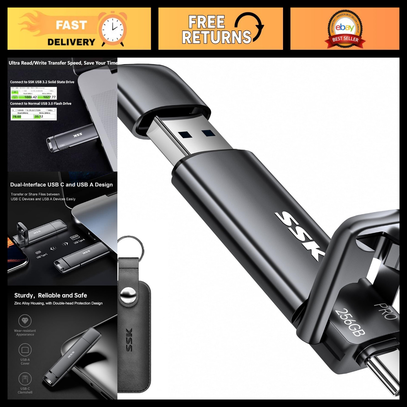 256GB USB SSD Flash Drive, 1000MB/s Dual USB C & A, High-Speed Storage Stick